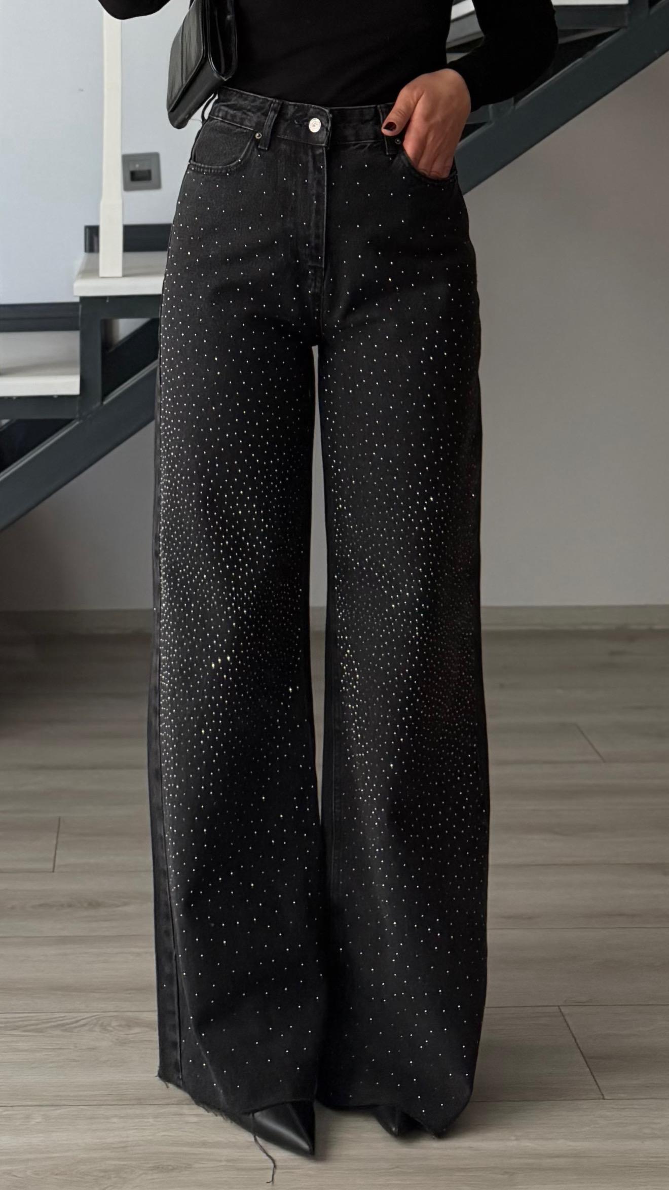 Siyah Minimal Taşlı Wide Leg Jean