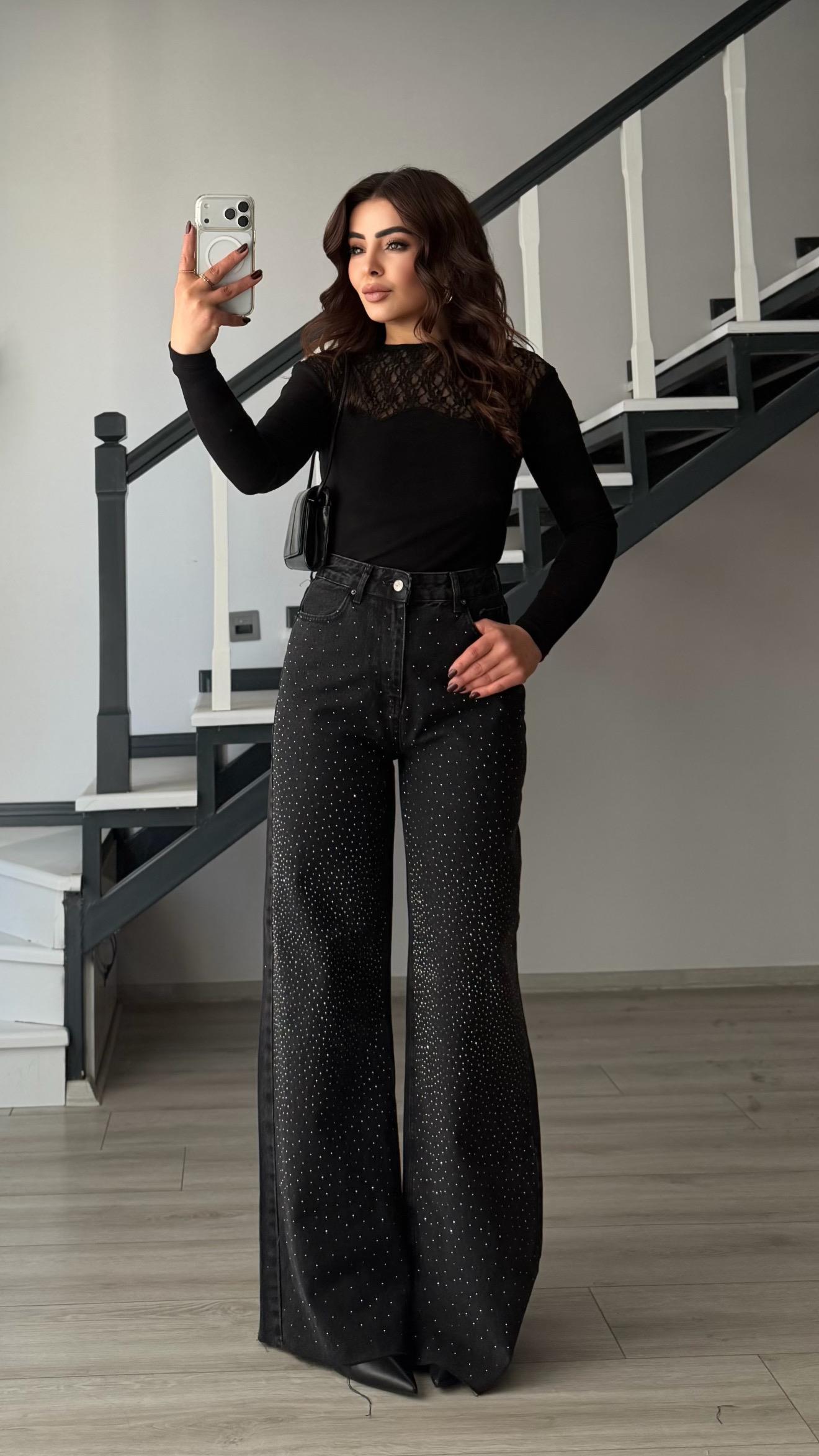 Siyah Minimal Taşlı Wide Leg Jean