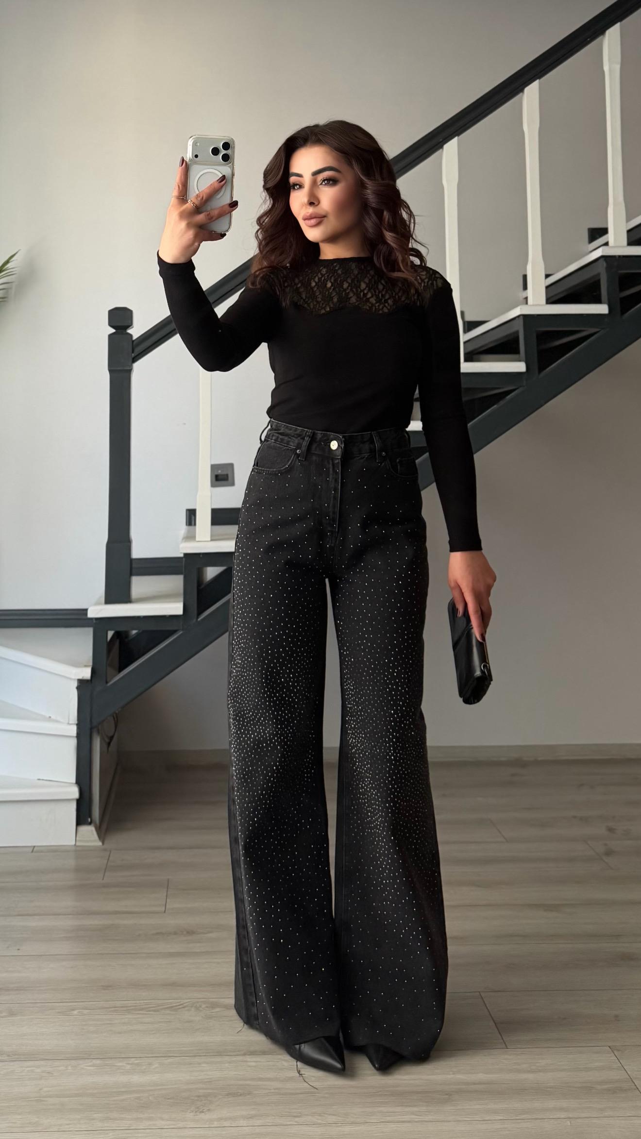 Siyah Minimal Taşlı Wide Leg Jean