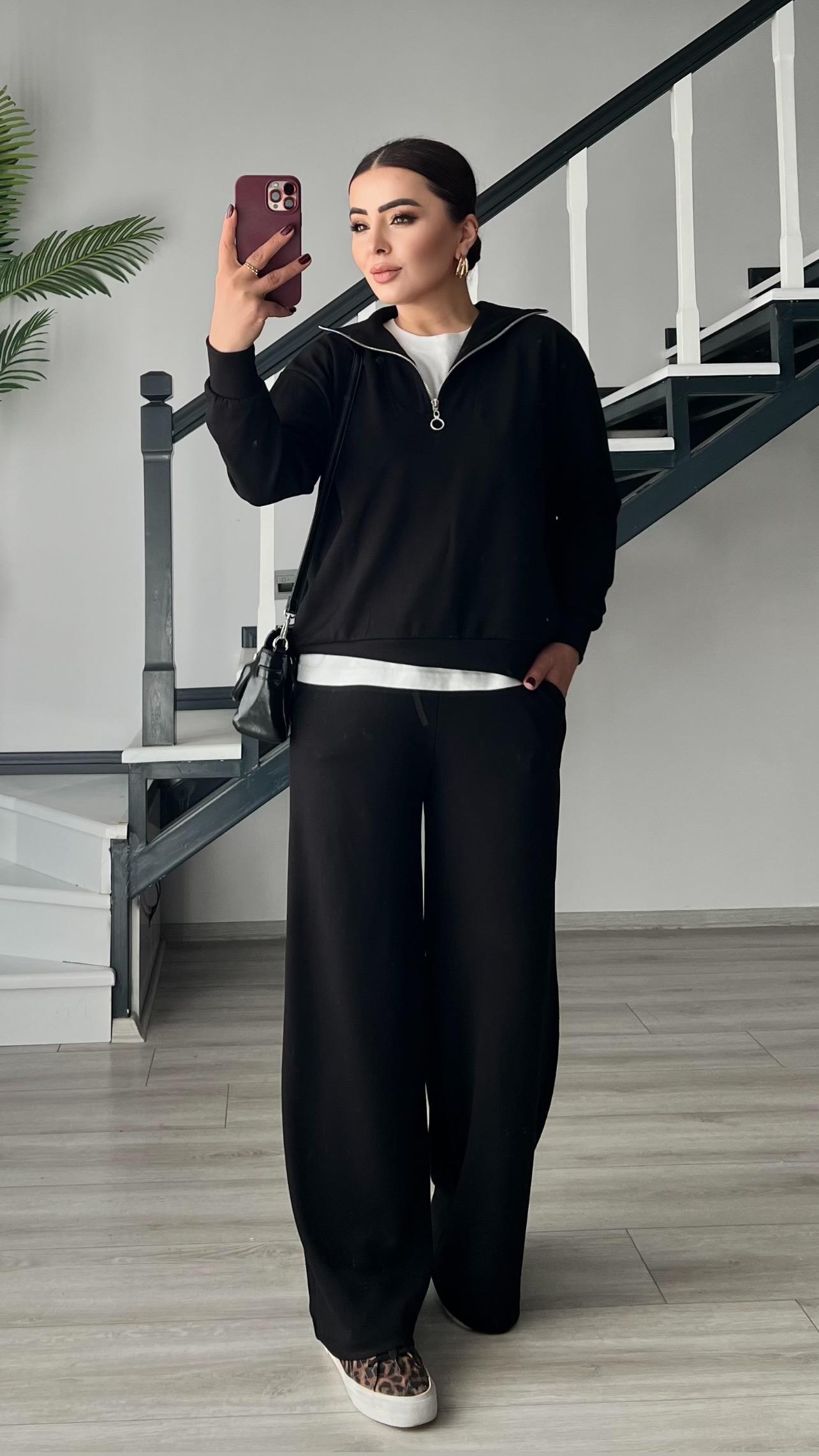 Black Modal Fabric Half-Zip Suit