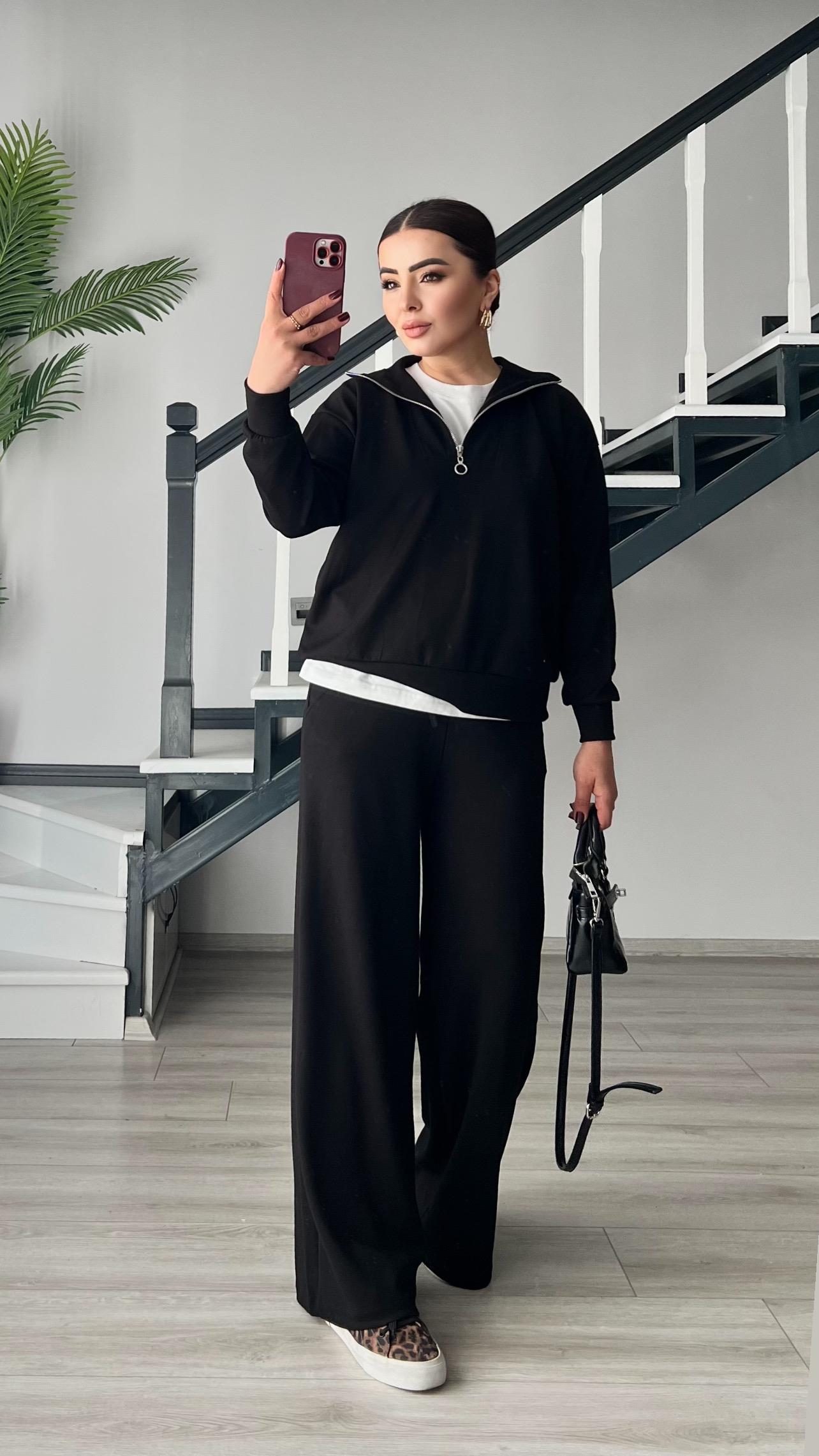 Black Modal Fabric Half-Zip Suit