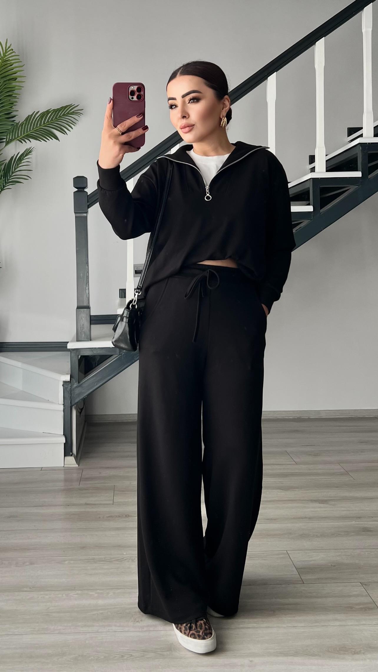 Black Modal Fabric Half-Zip Suit