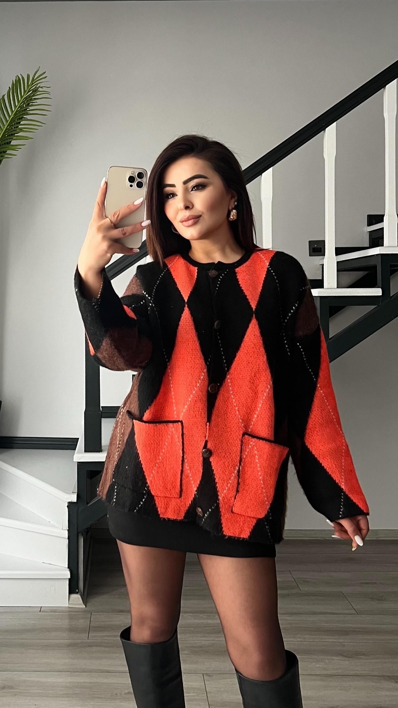Siyah - Neon Oranj Baklava Desen Cepli Hırka 