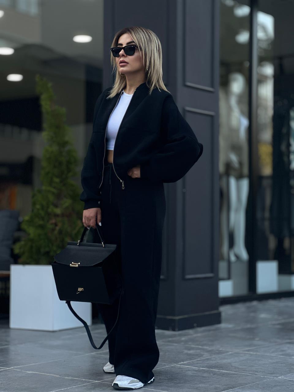 Black Jacket Suit with Front Stitching, Elastic Waist, and Zipper
