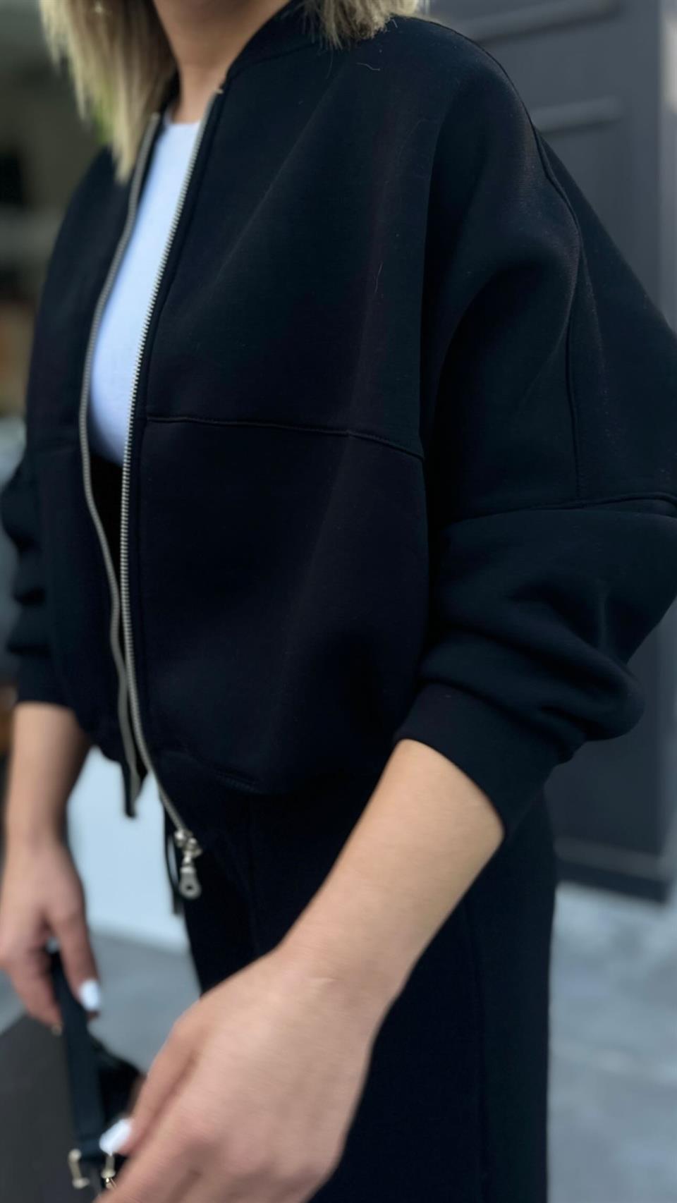 Black Jacket Suit with Front Stitching, Elastic Waist, and Zipper