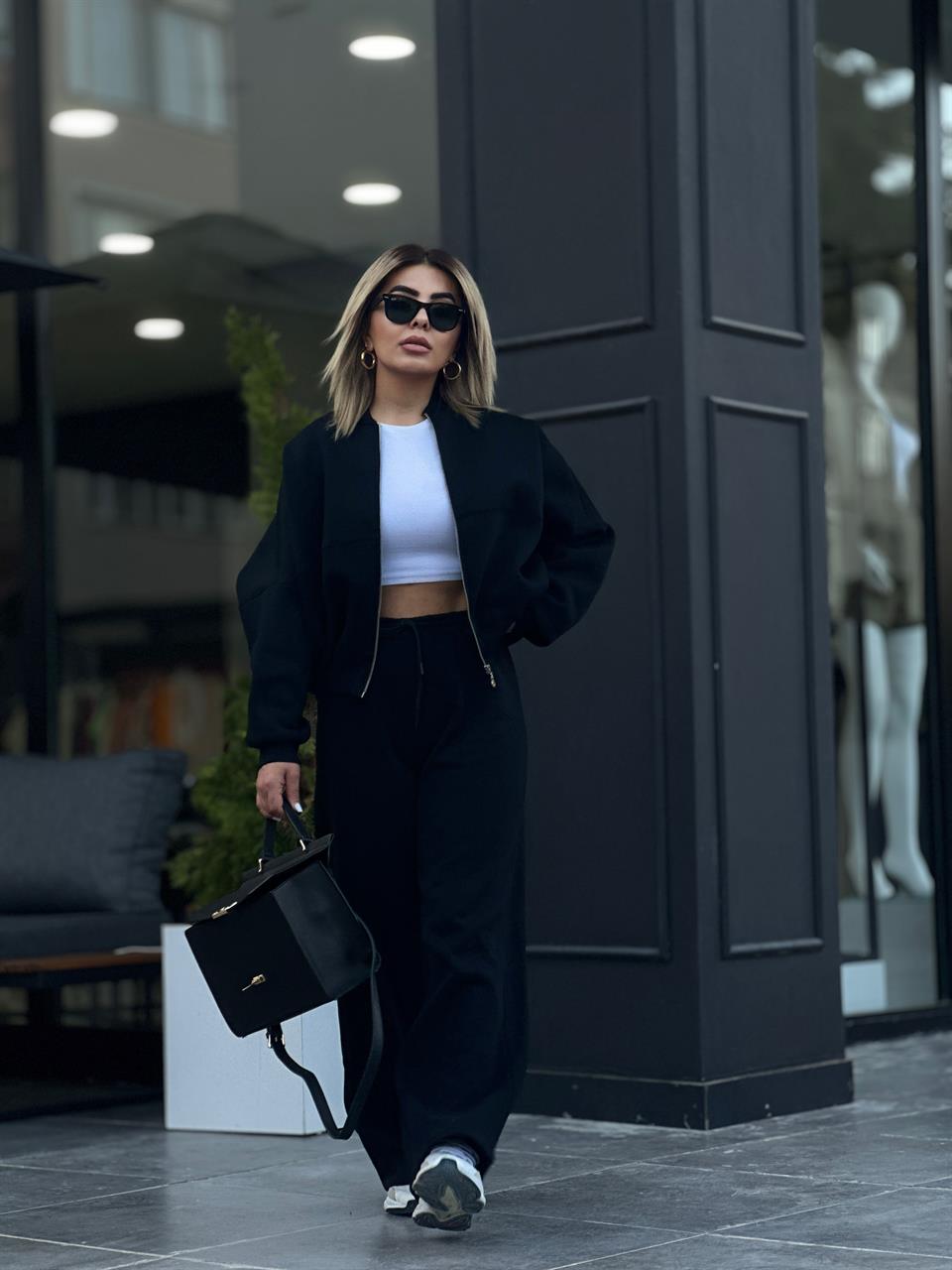 Black Jacket Suit with Front Stitching, Elastic Waist, and Zipper