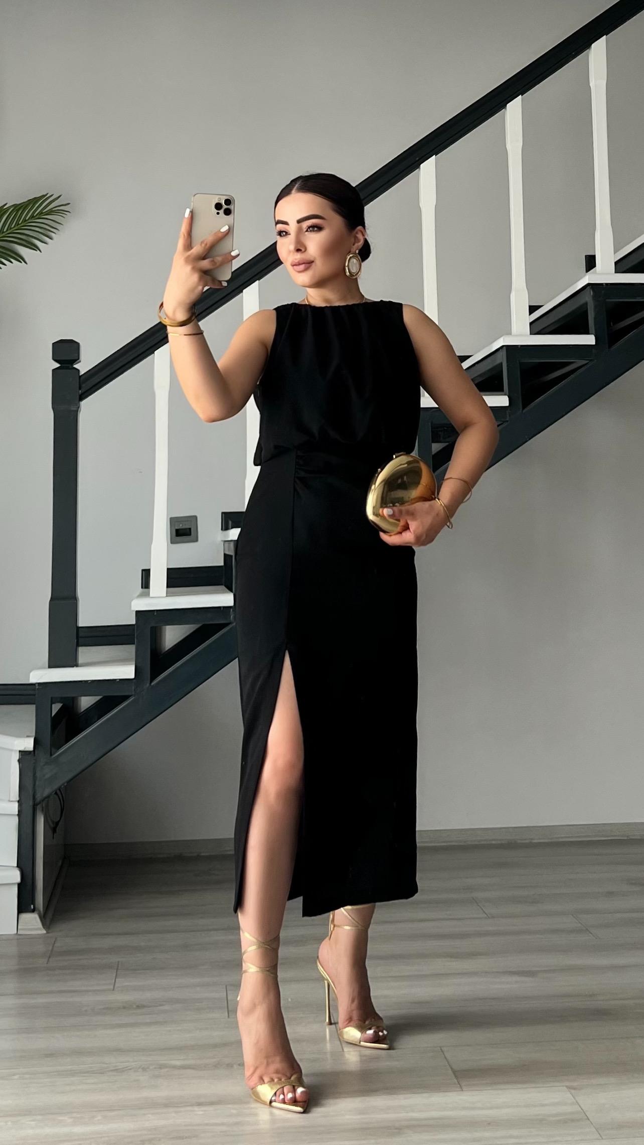 Black Dress with Front Slit and Ruched Skirt