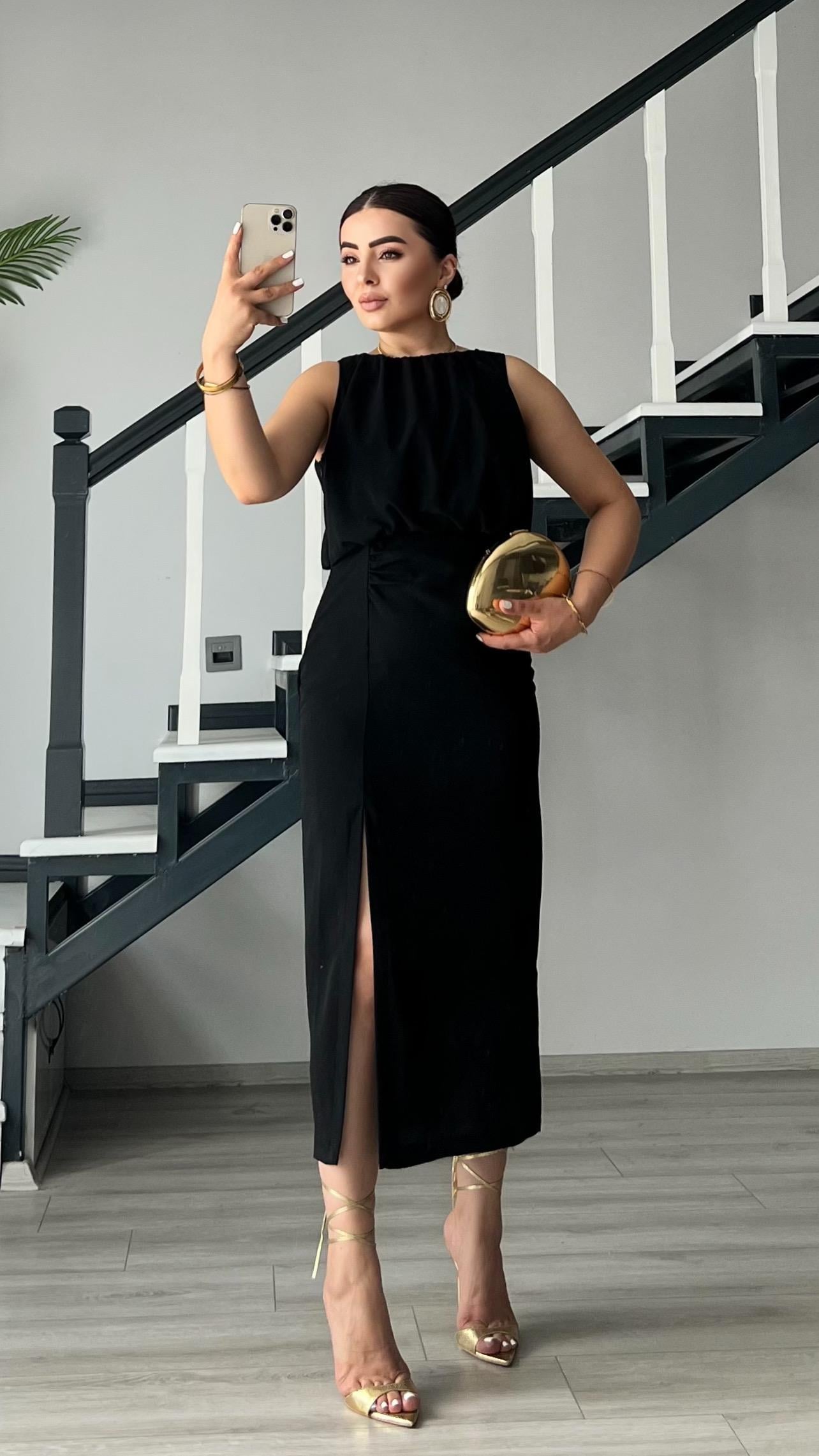 Black Dress with Front Slit and Ruched Skirt