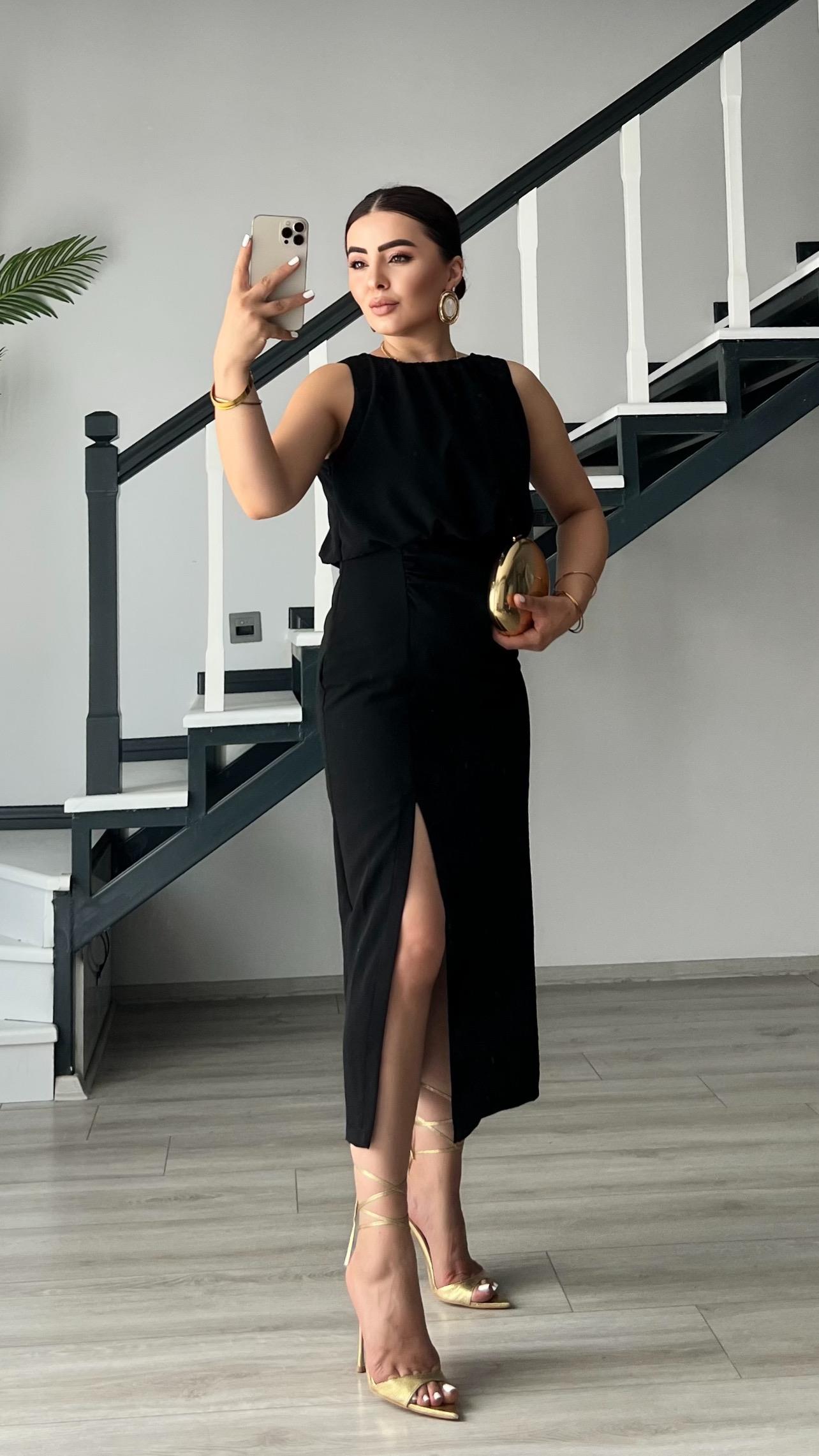 Black Dress with Front Slit and Ruched Skirt