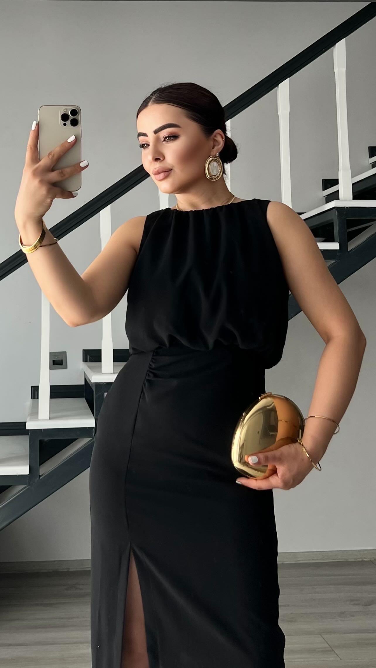 Black Dress with Front Slit and Ruched Skirt