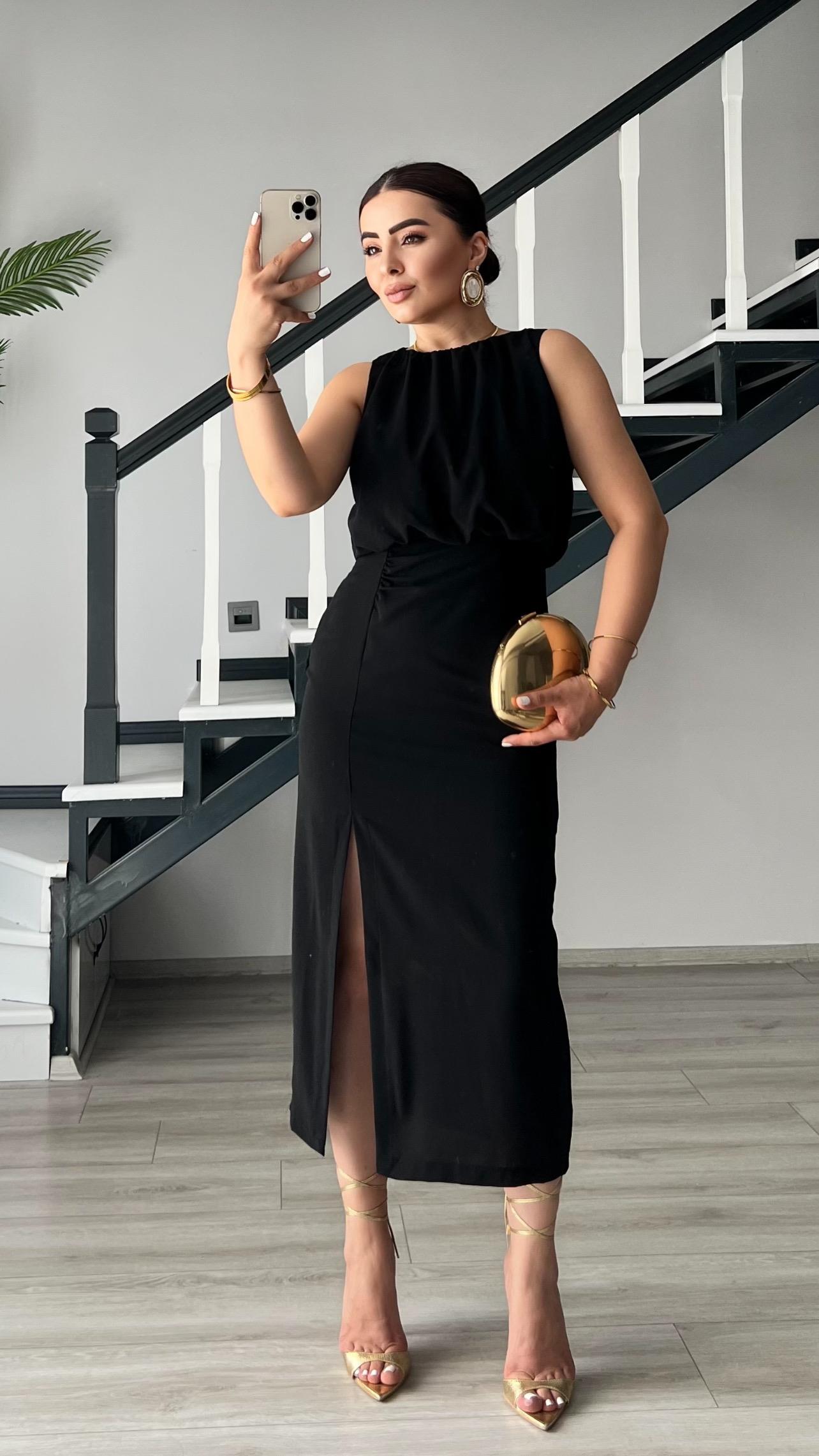 Black Dress with Front Slit and Ruched Skirt