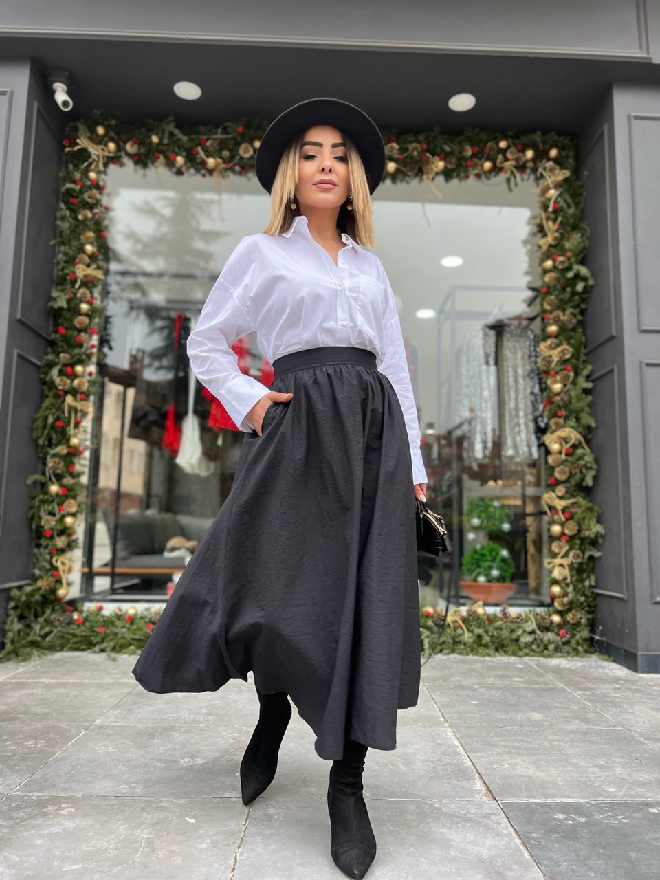 Black Parachute Fabric Midi Skirt