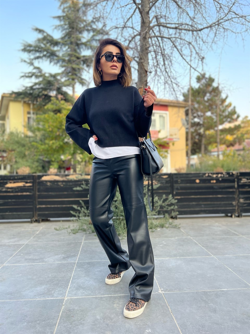 Black Patchwork Leather Palazzo Pants