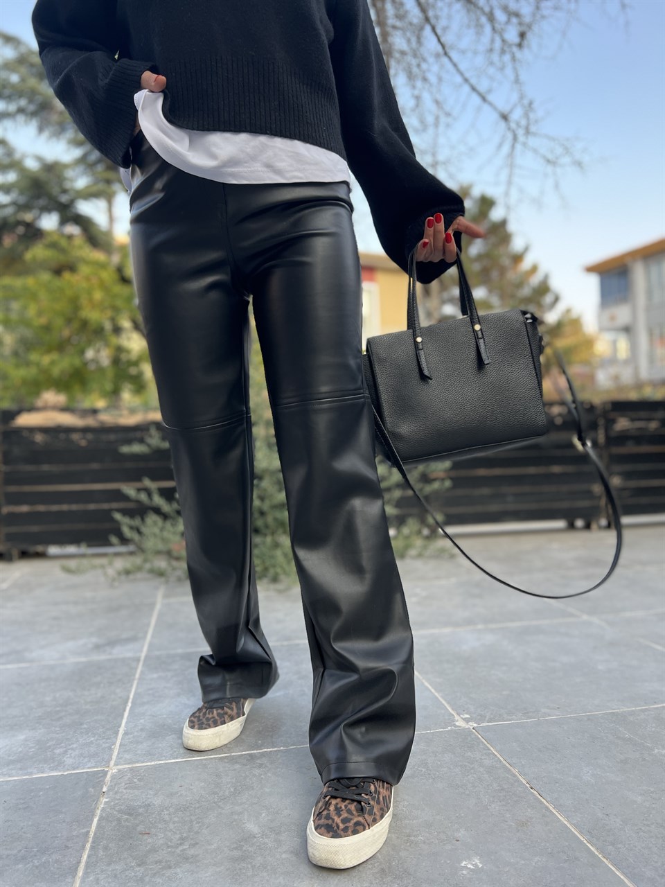 Black Patchwork Leather Palazzo Pants