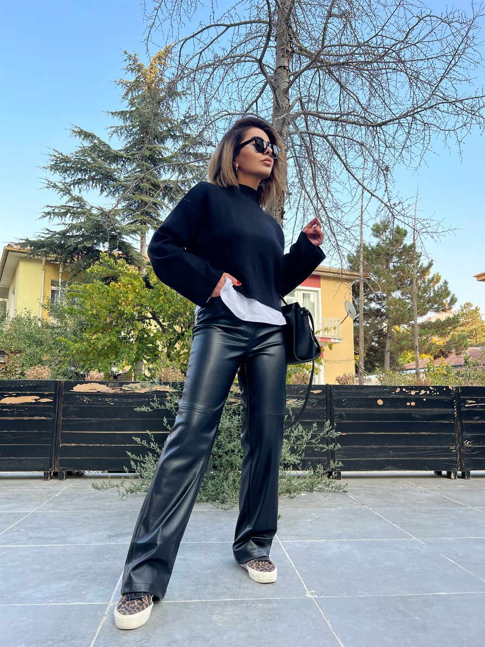 Black Patchwork Leather Palazzo Pants