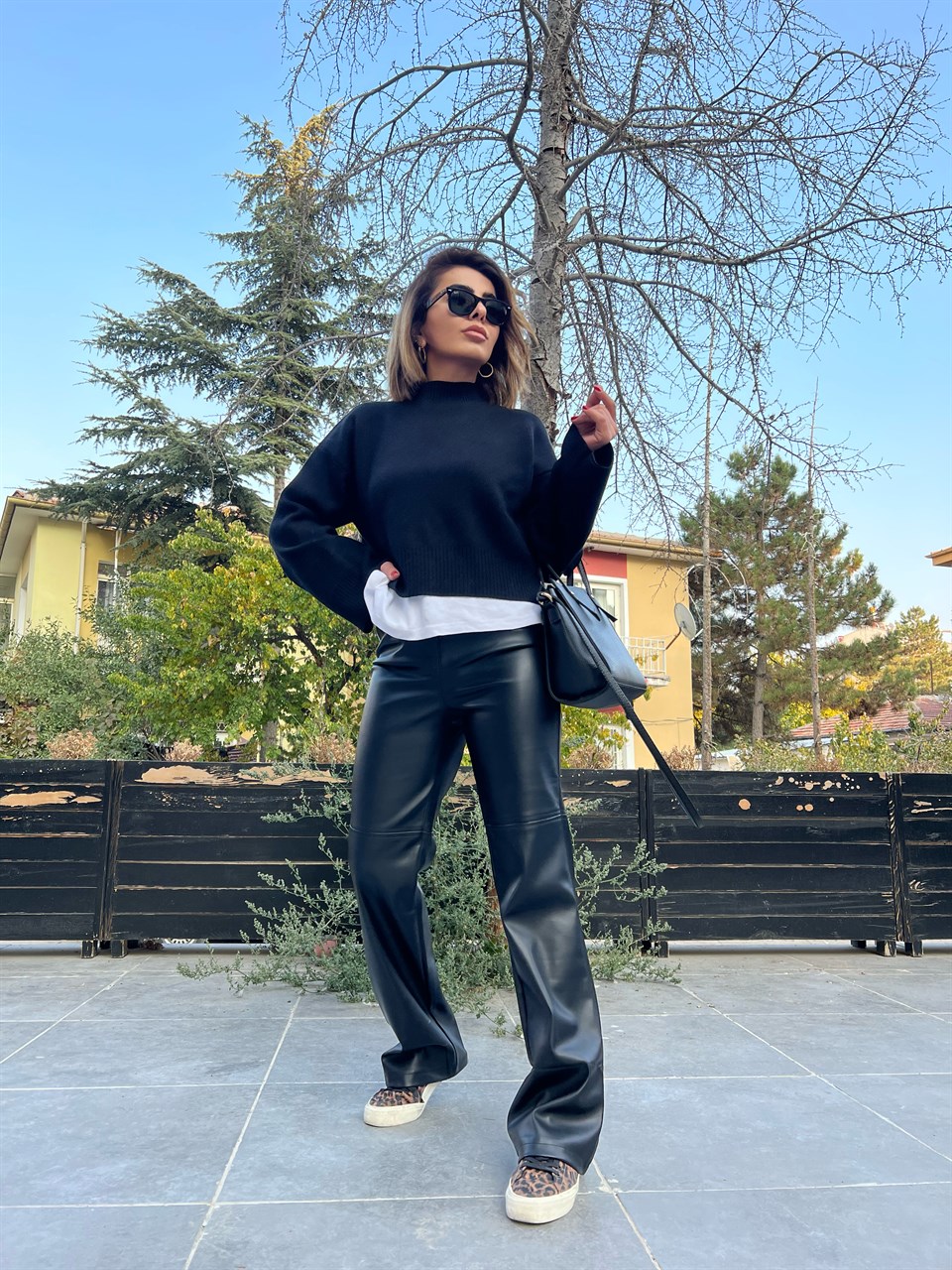 Black Patchwork Leather Palazzo Pants