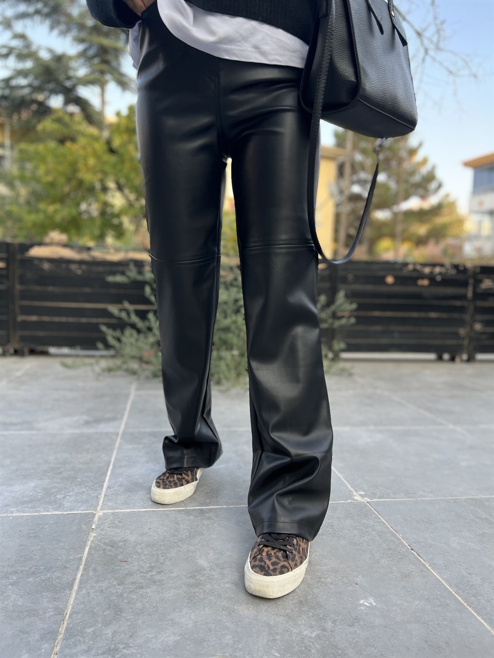 Black Patchwork Leather Palazzo Pants