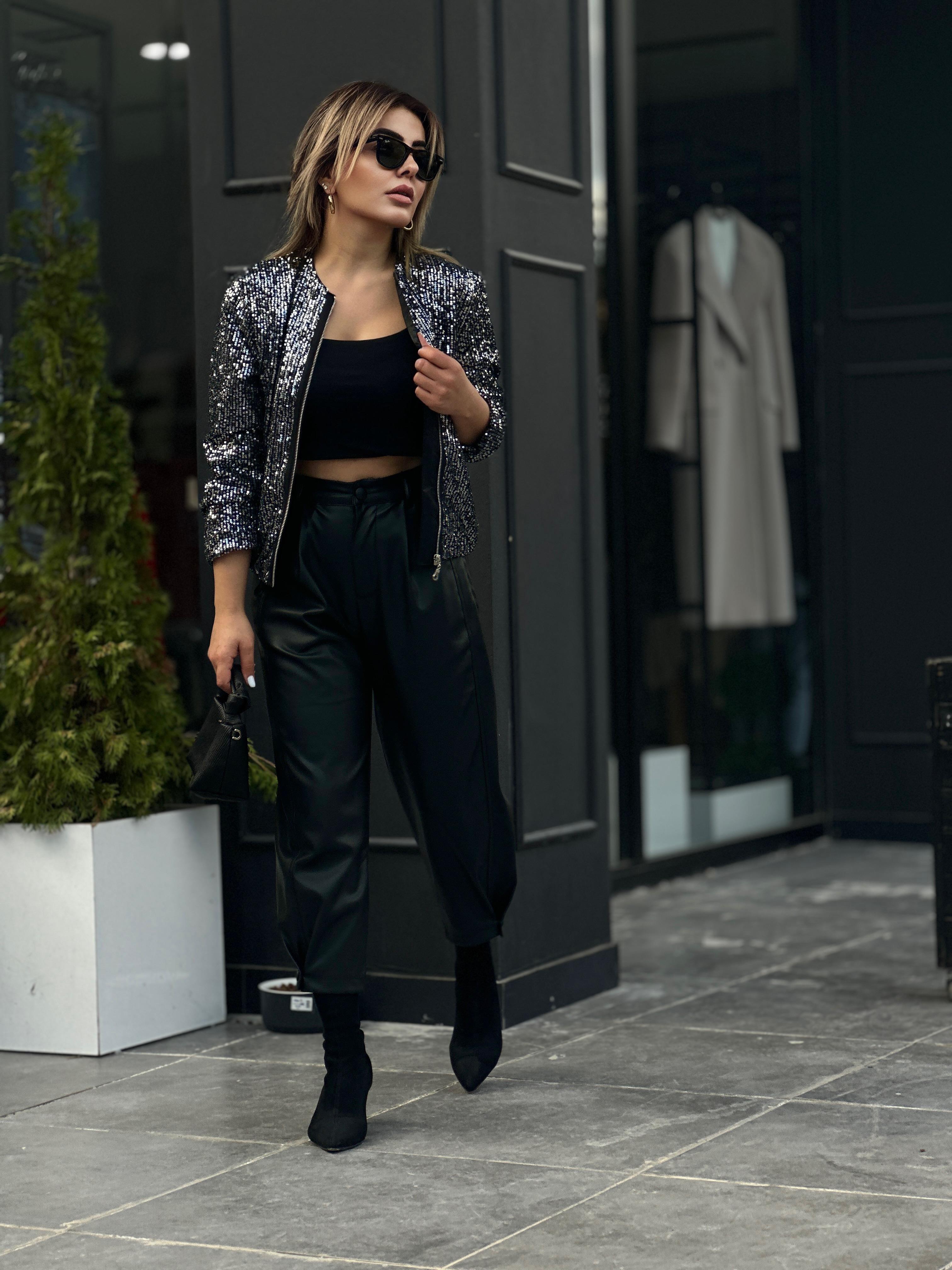 Siyah Payetli Bomber Ceket 