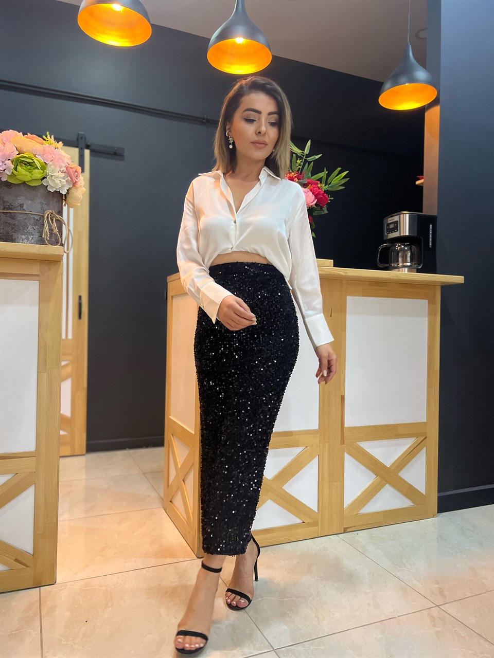 Black Sequin Pencil Skirt