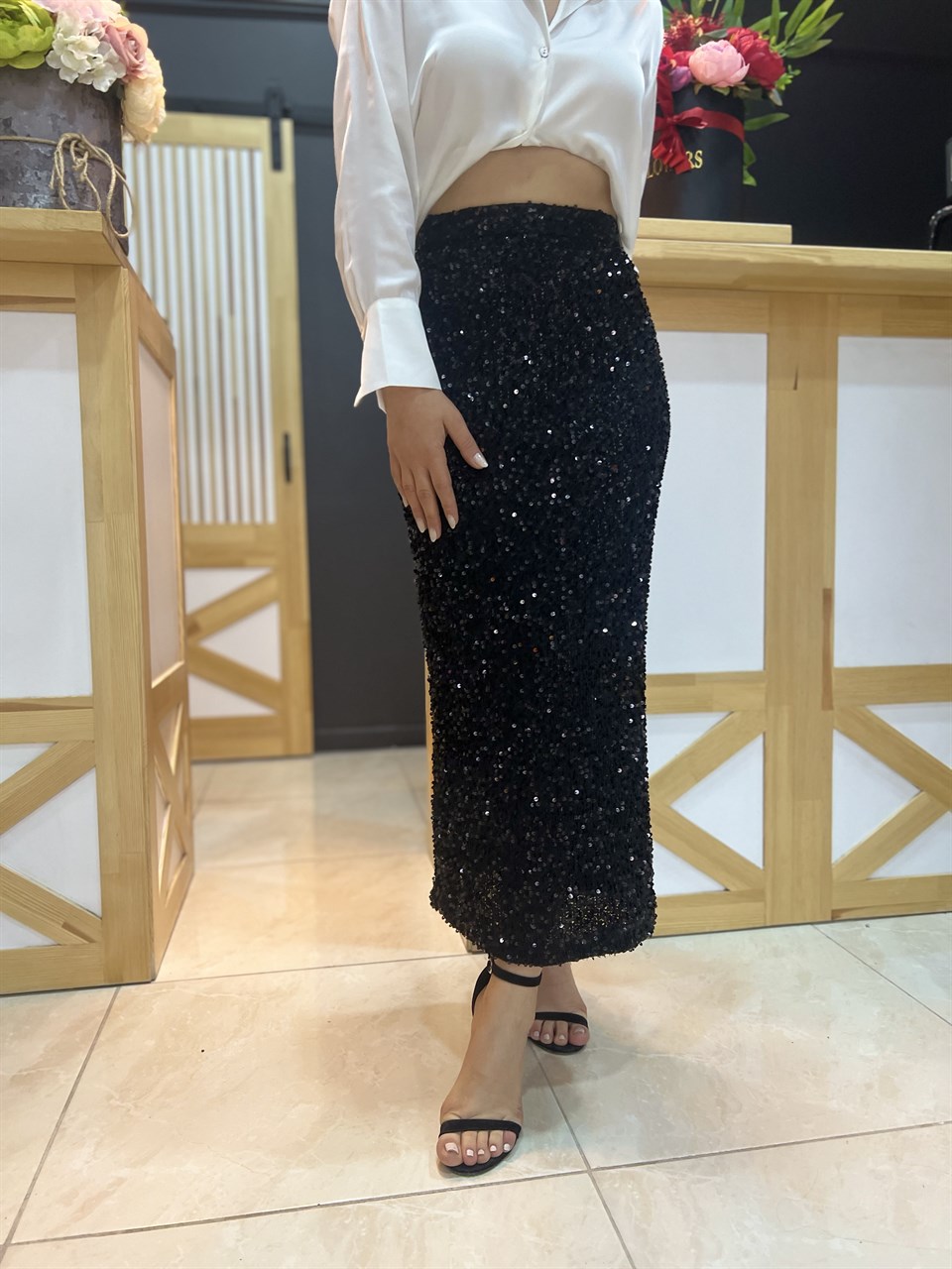 Black Sequin Pencil Skirt
