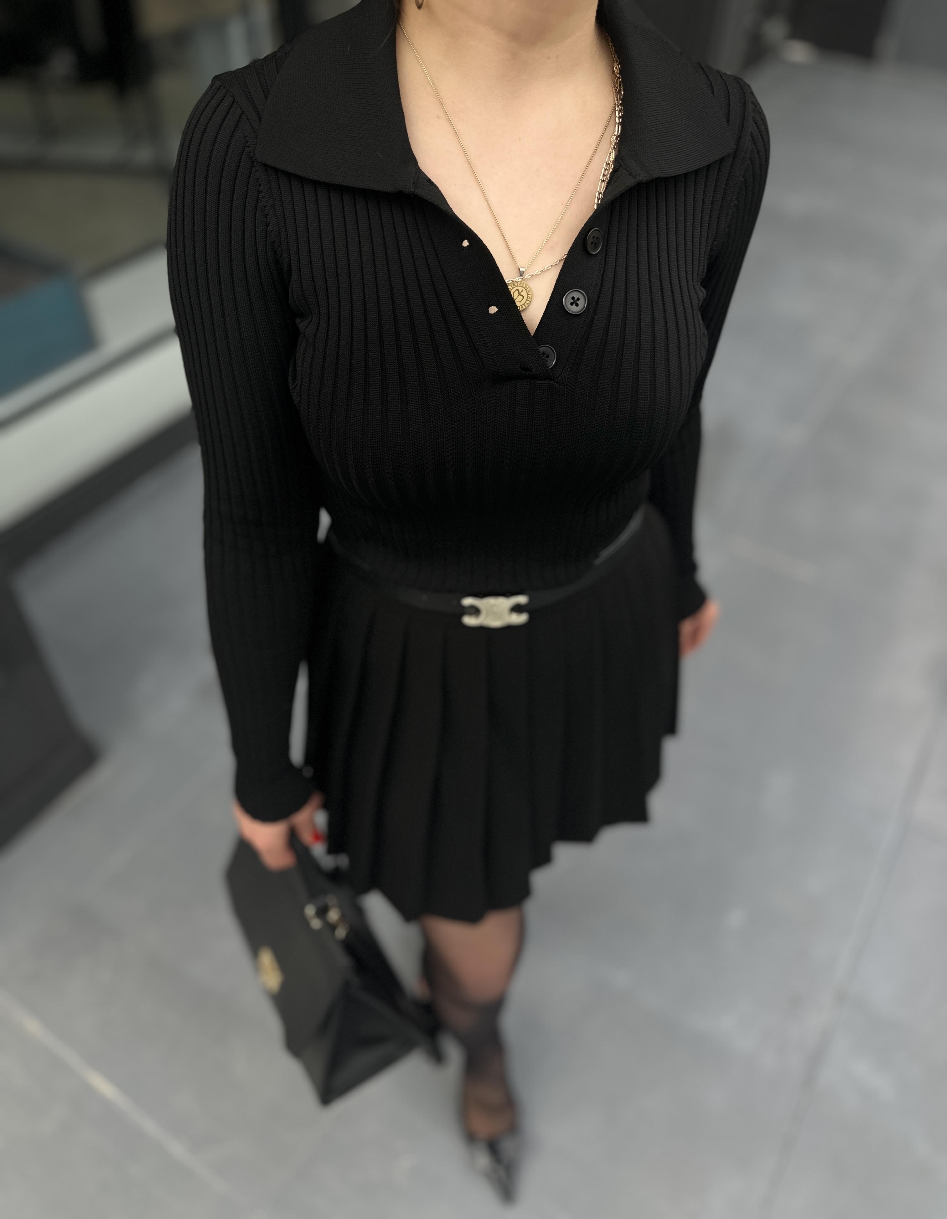 Siyah Polo Yaka Düğmeli Fitilli Body 