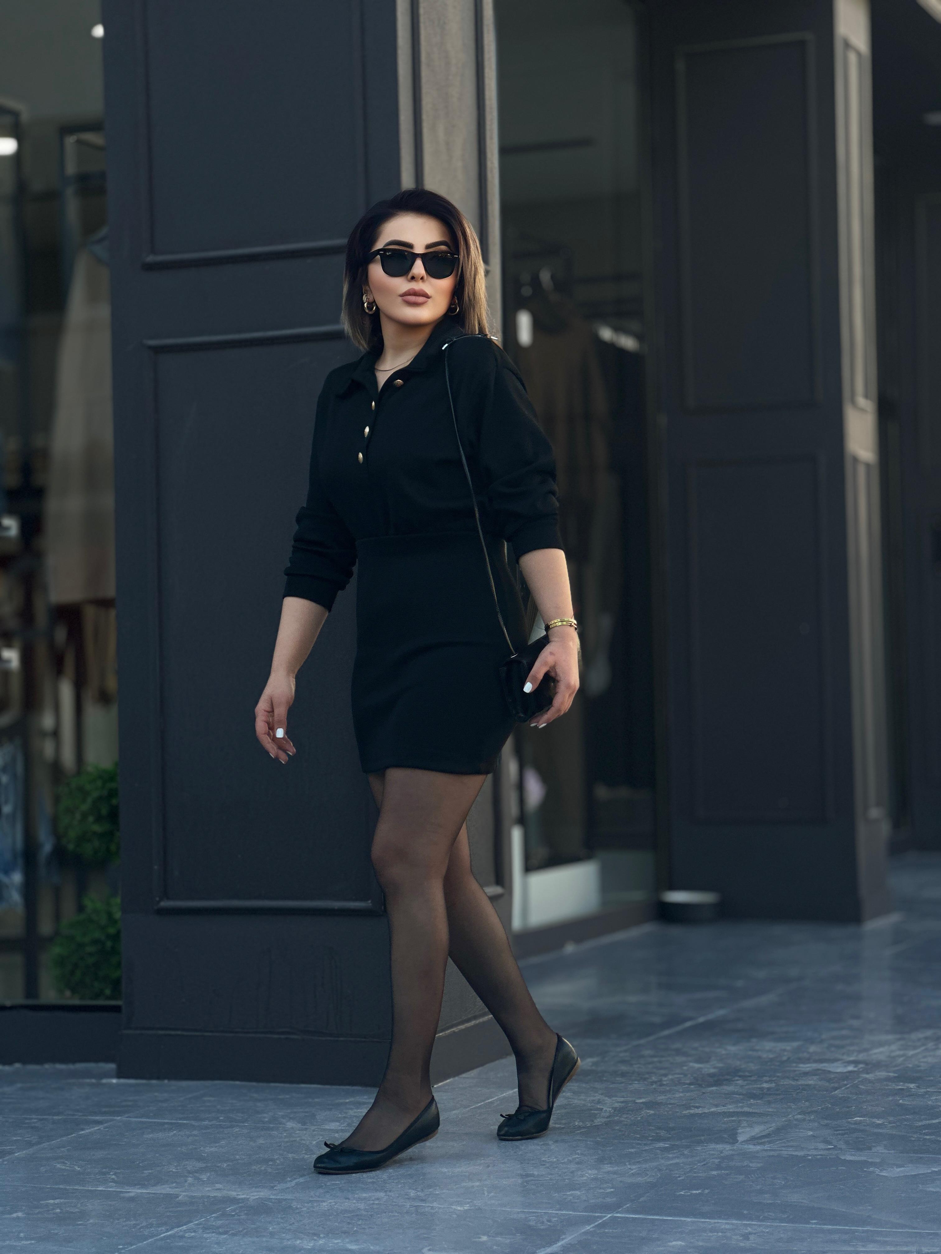 Black Polo Collar Steel Knit Suit with Gold Button Detail