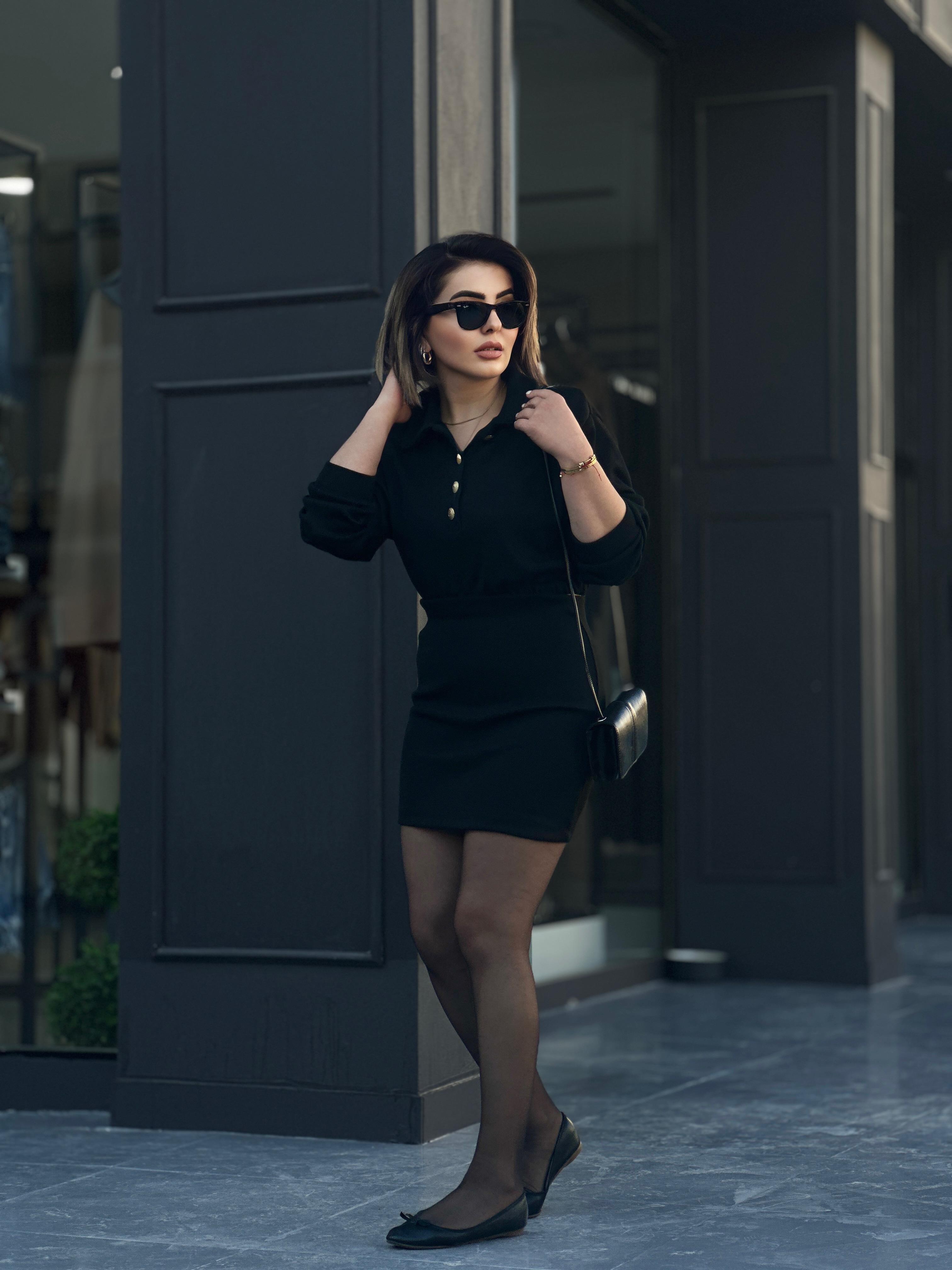Black Polo Collar Steel Knit Suit with Gold Button Detail
