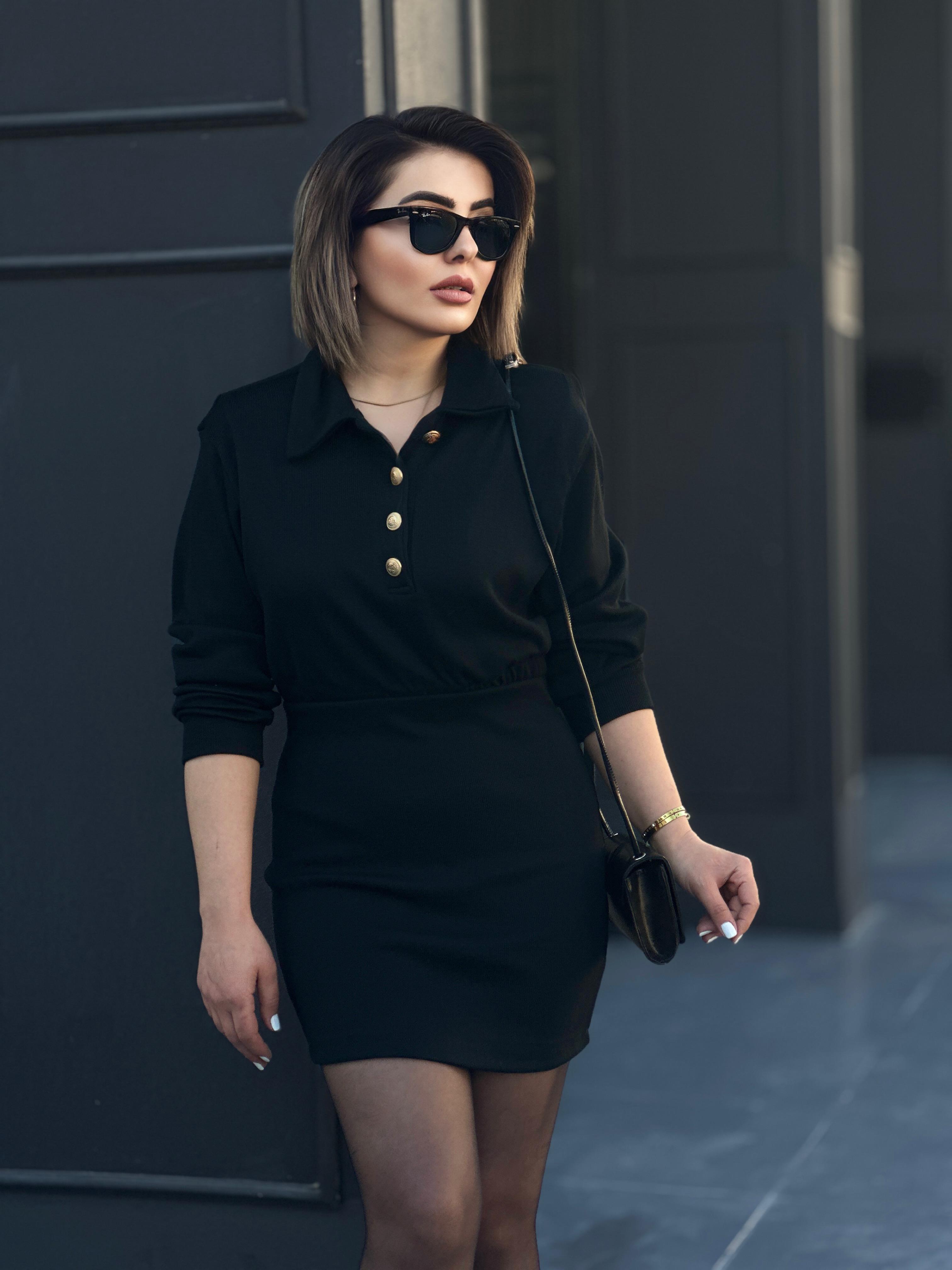 Black Polo Collar Steel Knit Suit with Gold Button Detail
