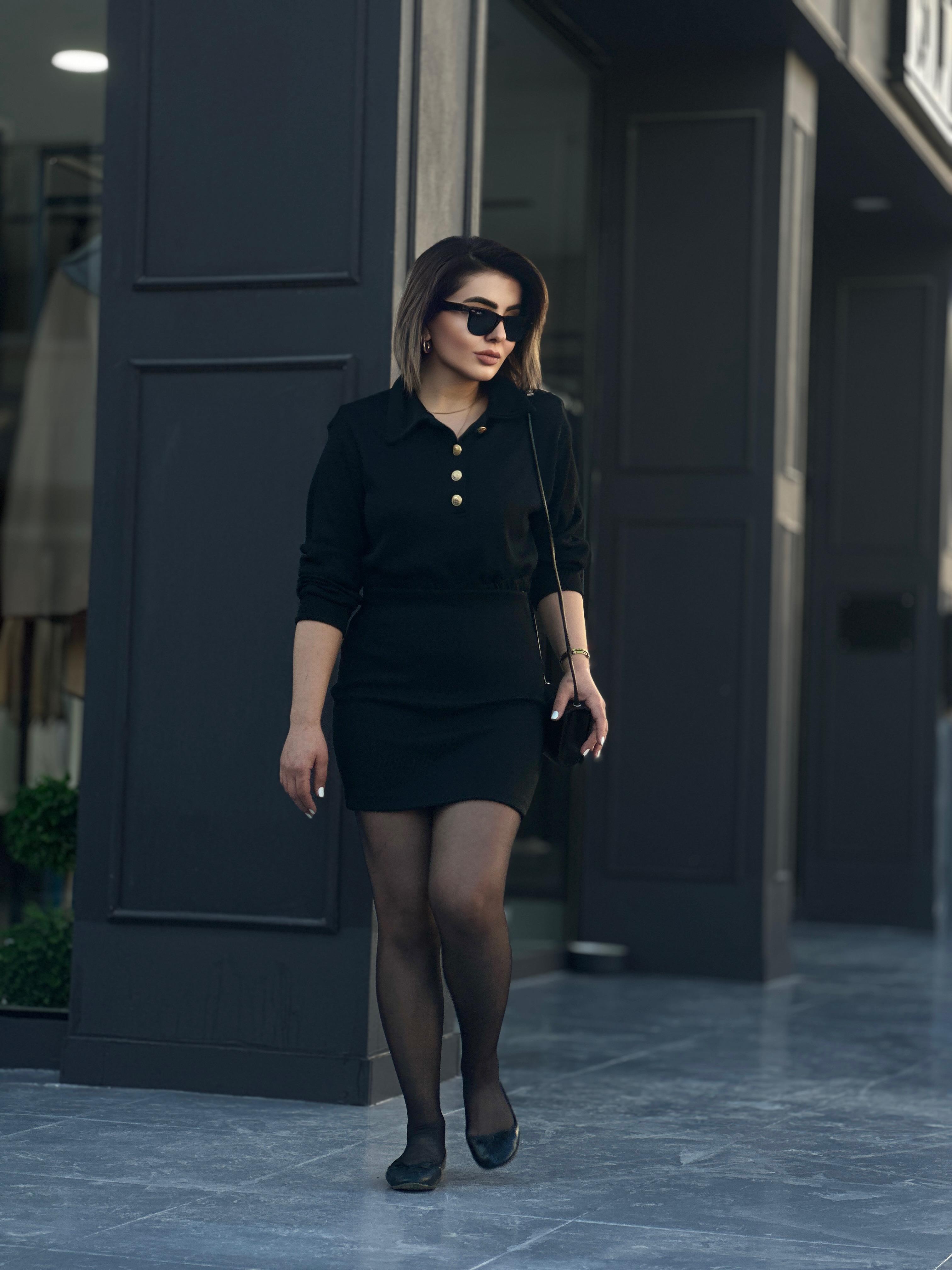 Black Polo Collar Steel Knit Suit with Gold Button Detail