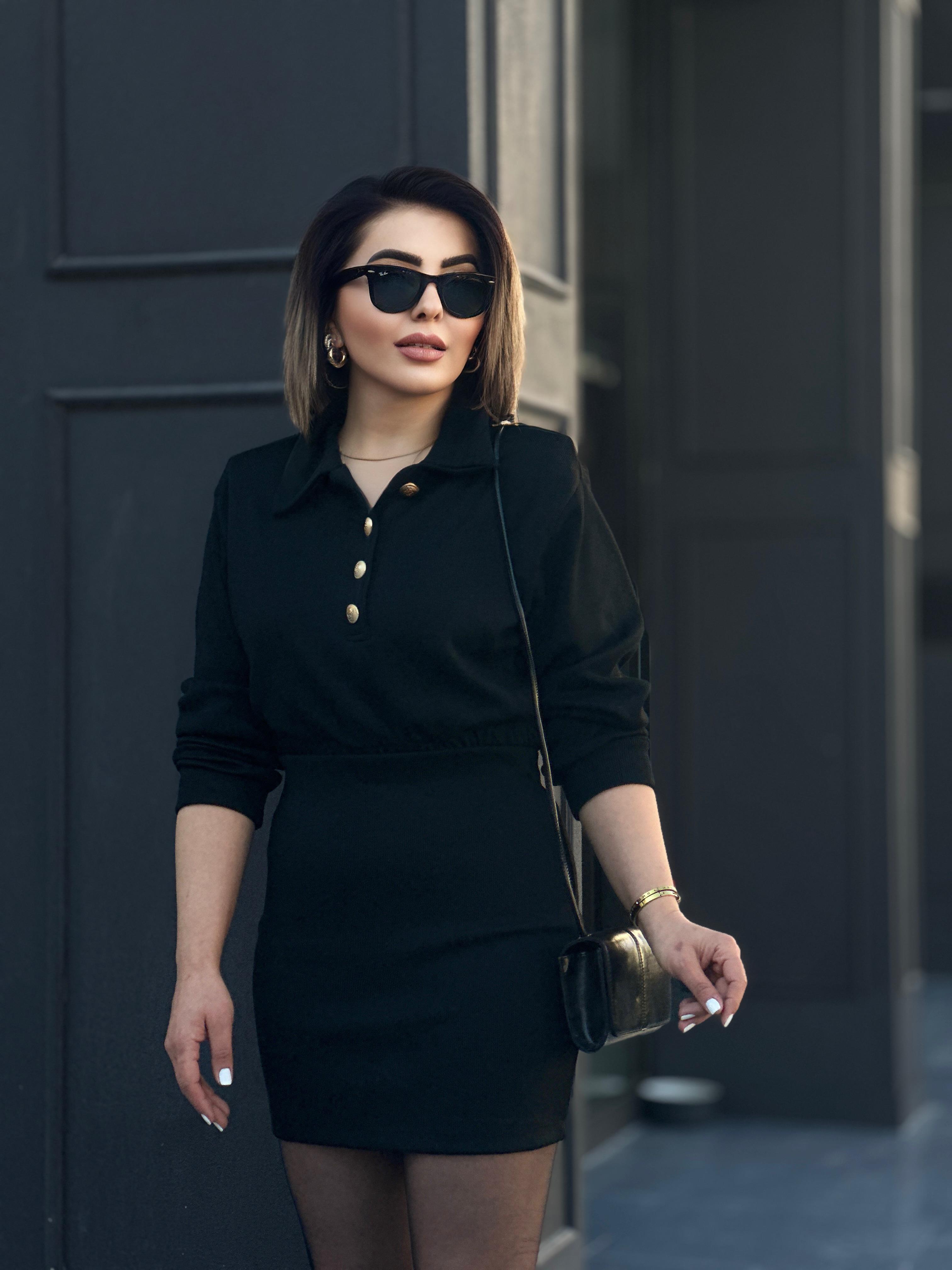 Black Polo Collar Steel Knit Suit with Gold Button Detail