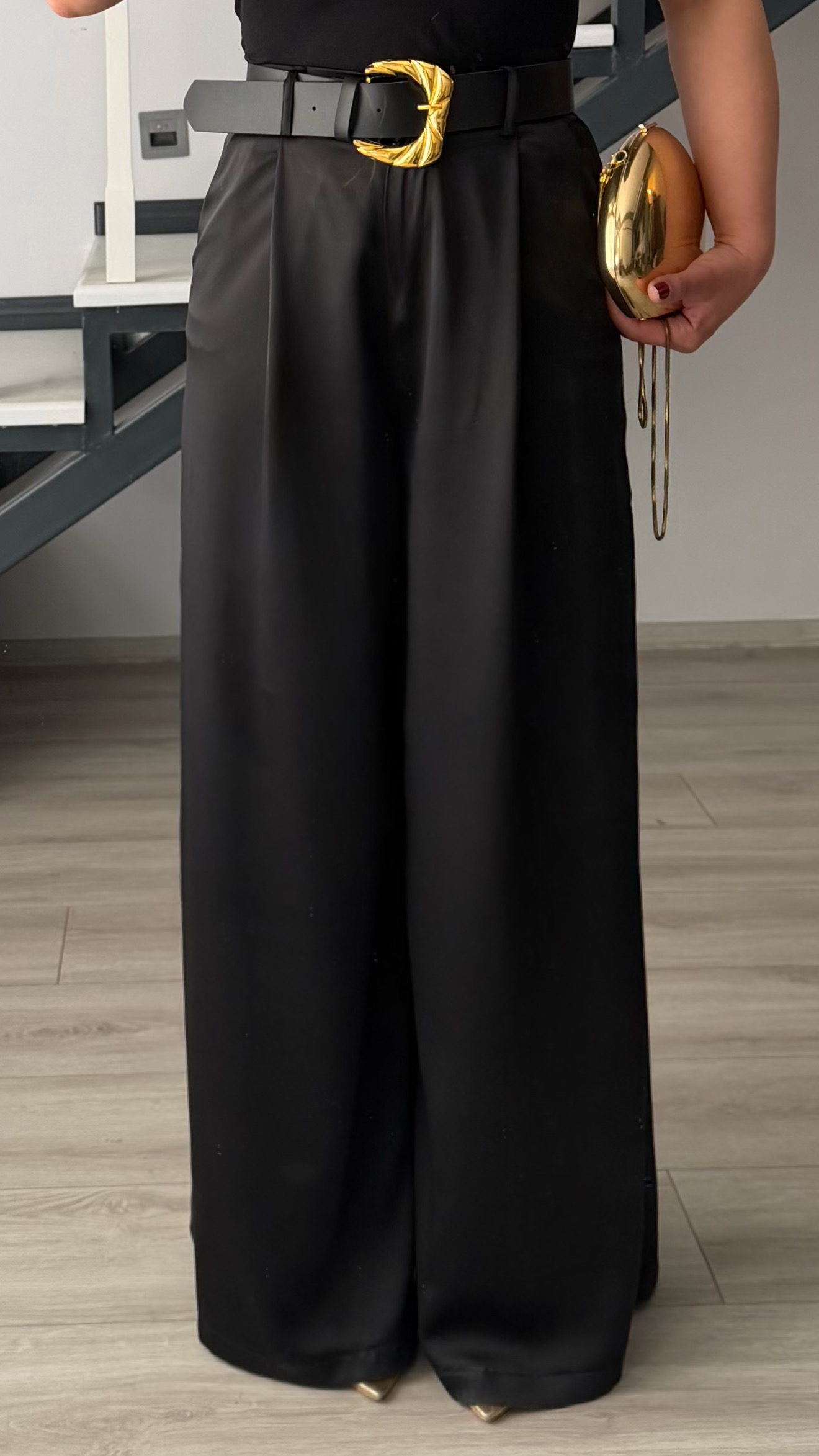 Siyah Premium Kemerli Saten Pantolon