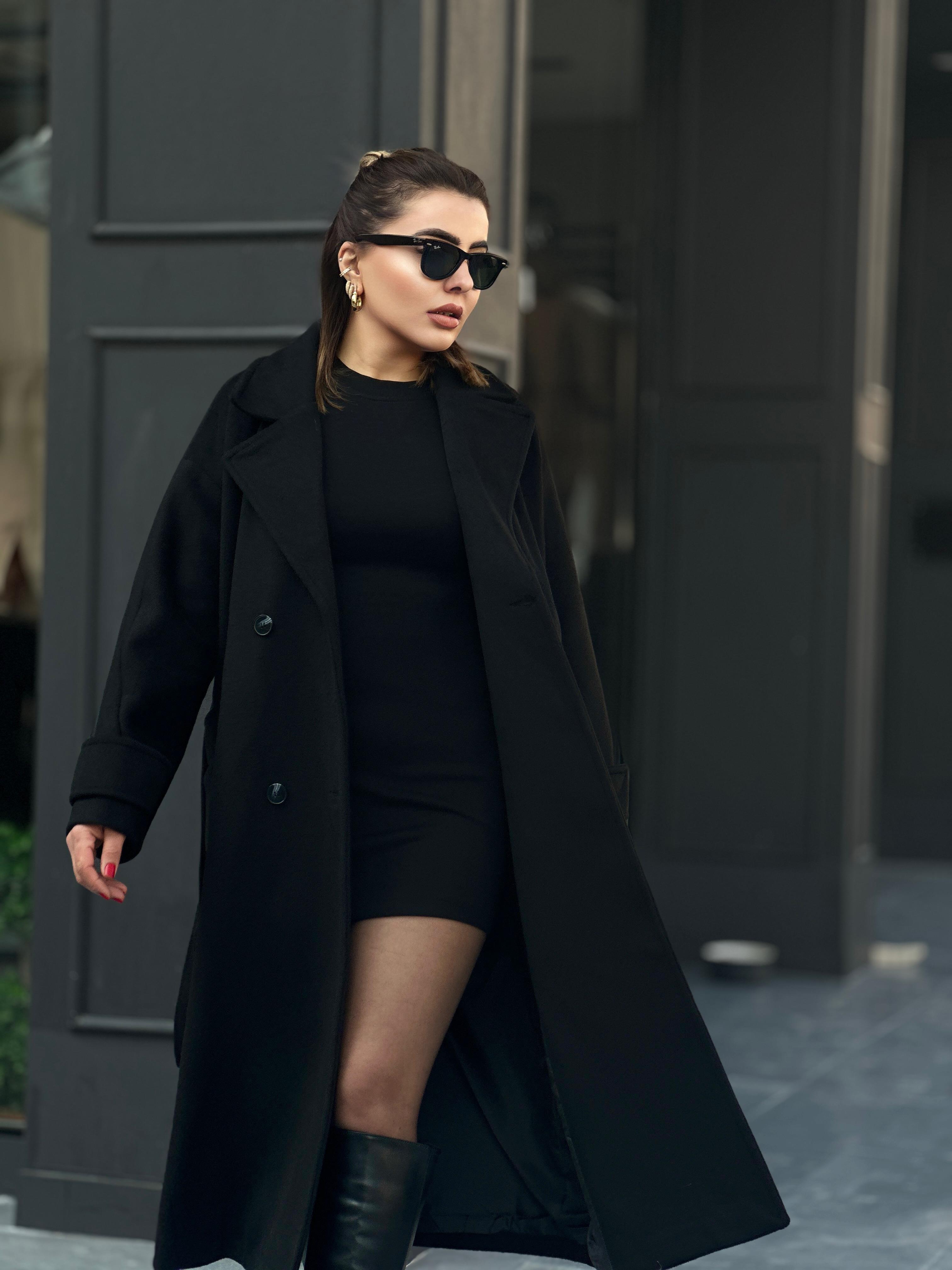 Siyah Premium Kol Kemerli Kuşaklı Kaban 