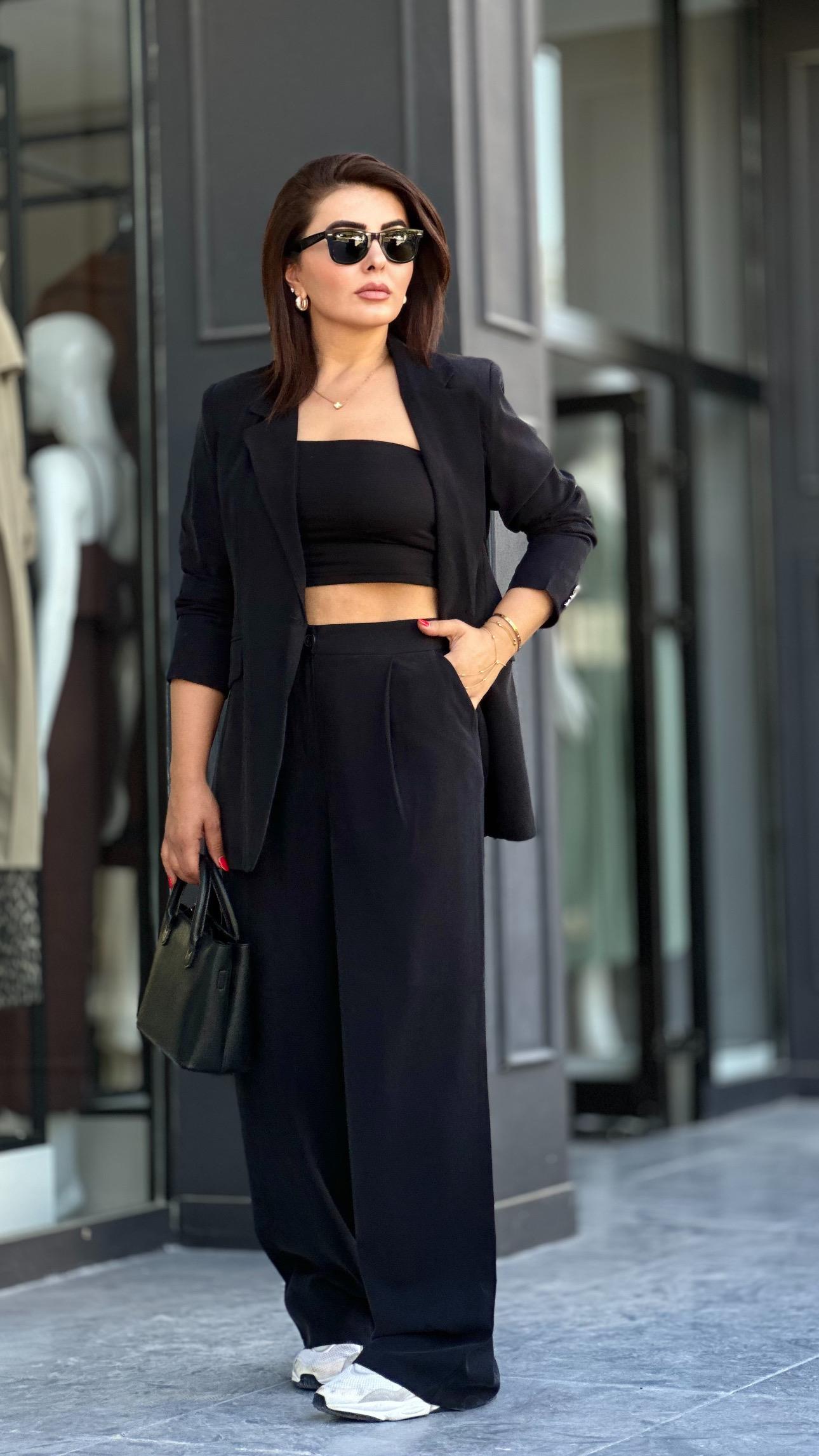 Black Premium Tencel Palazzo Pants and Jacket Set