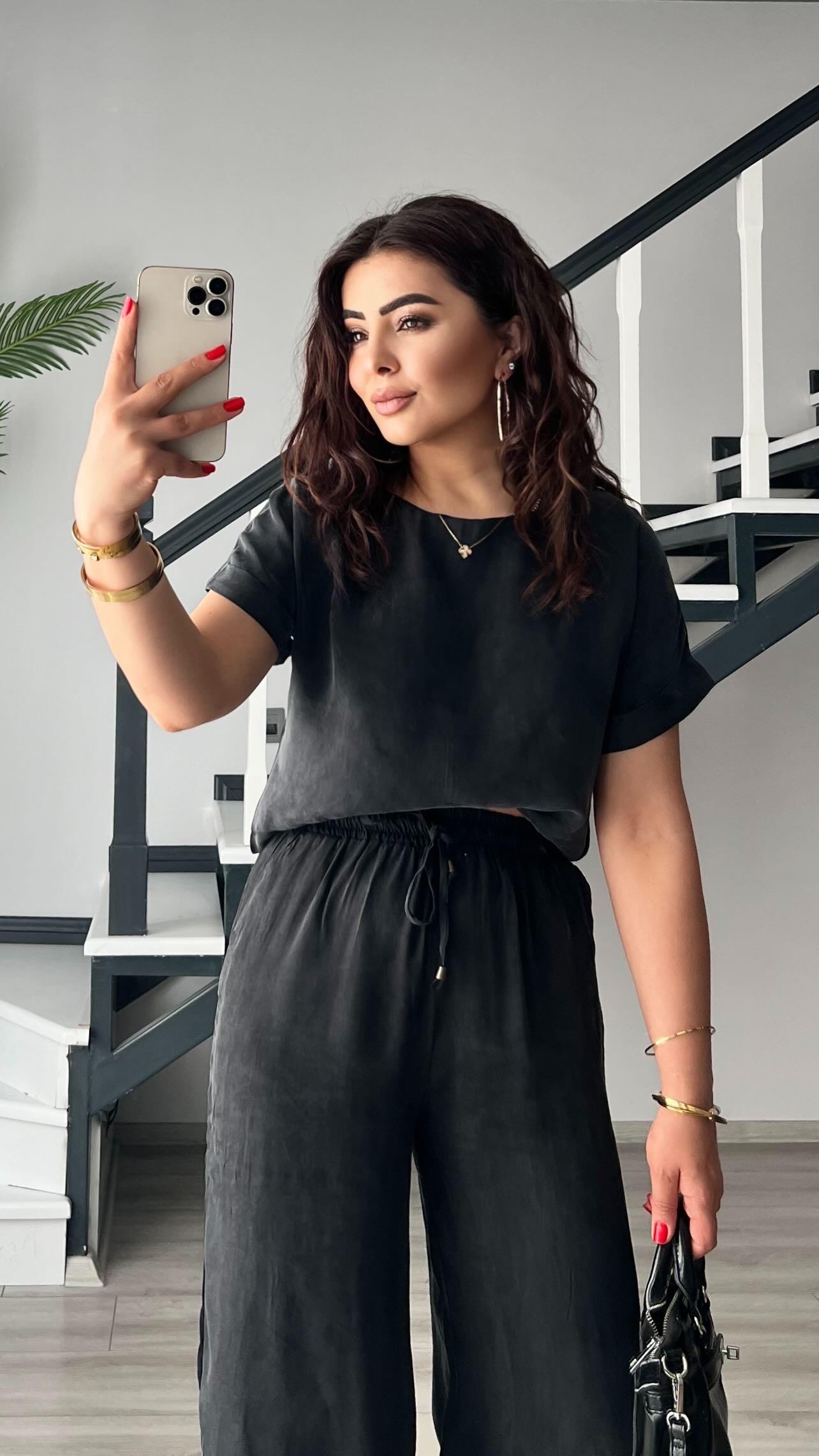Black Premium Tuncel Fabric Crop Pants Set