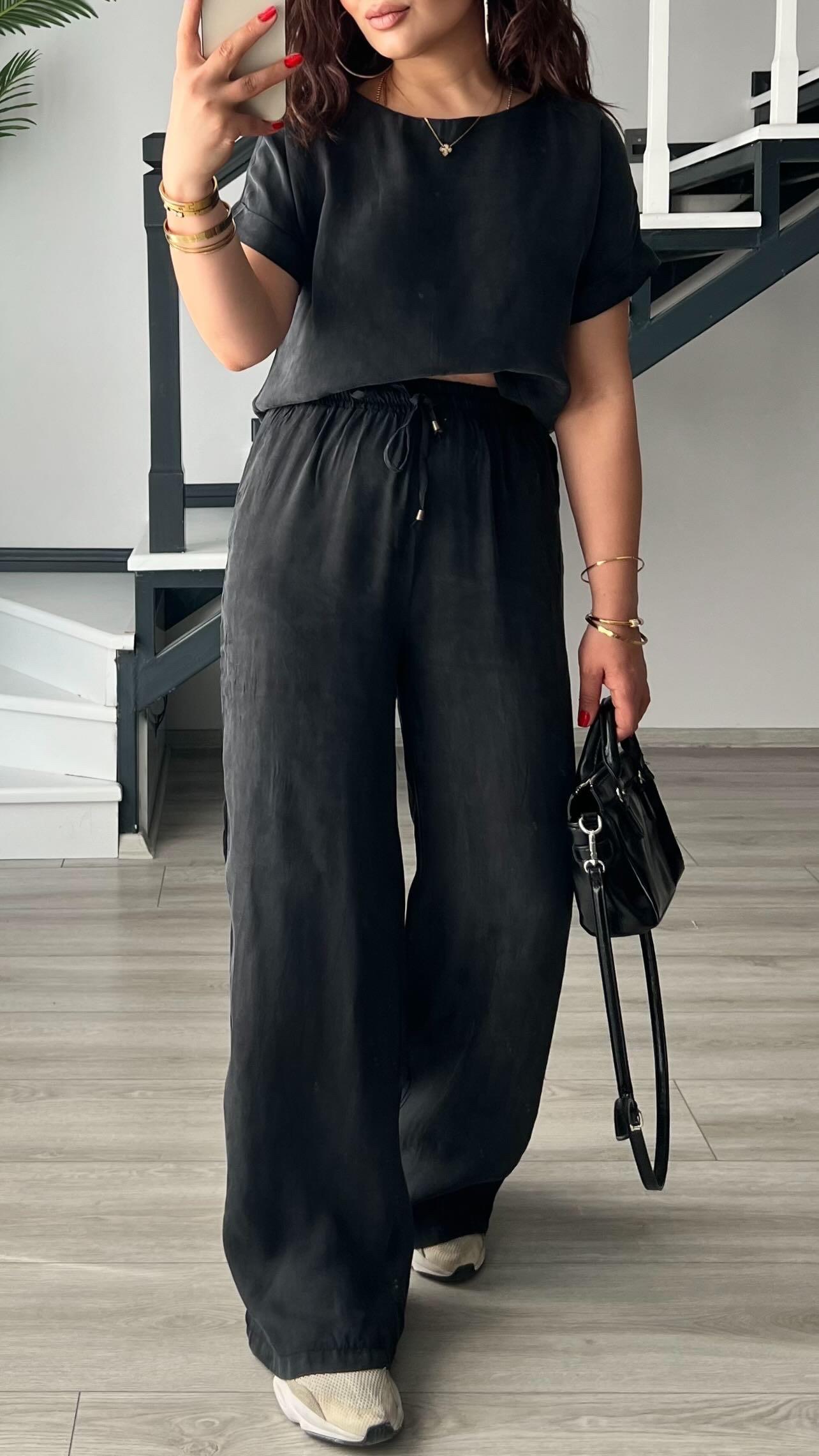 Black Premium Tuncel Fabric Crop Pants Set
