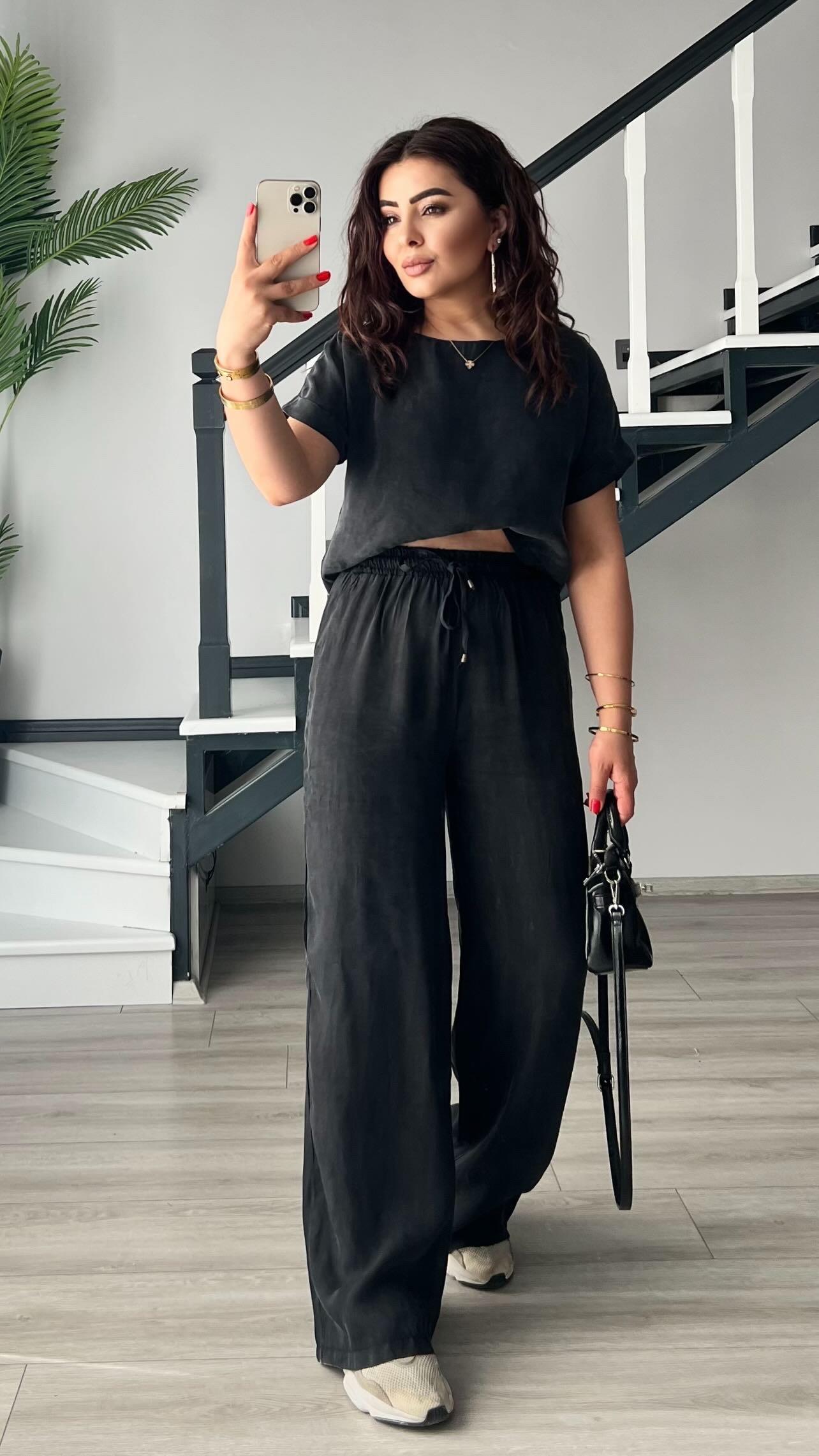 Black Premium Tuncel Fabric Crop Pants Set