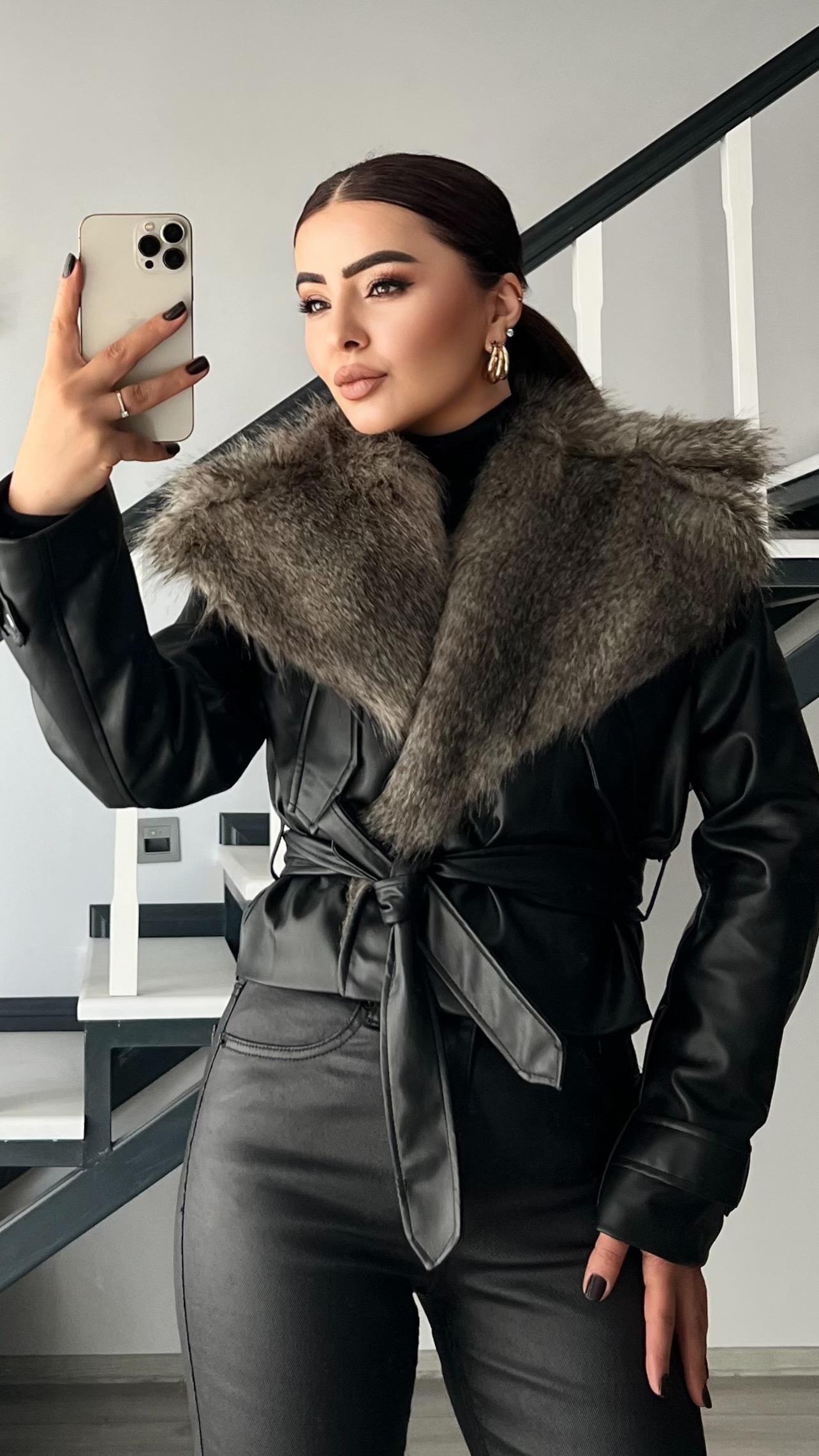 Black Premium Leather Coat with Fur Collar