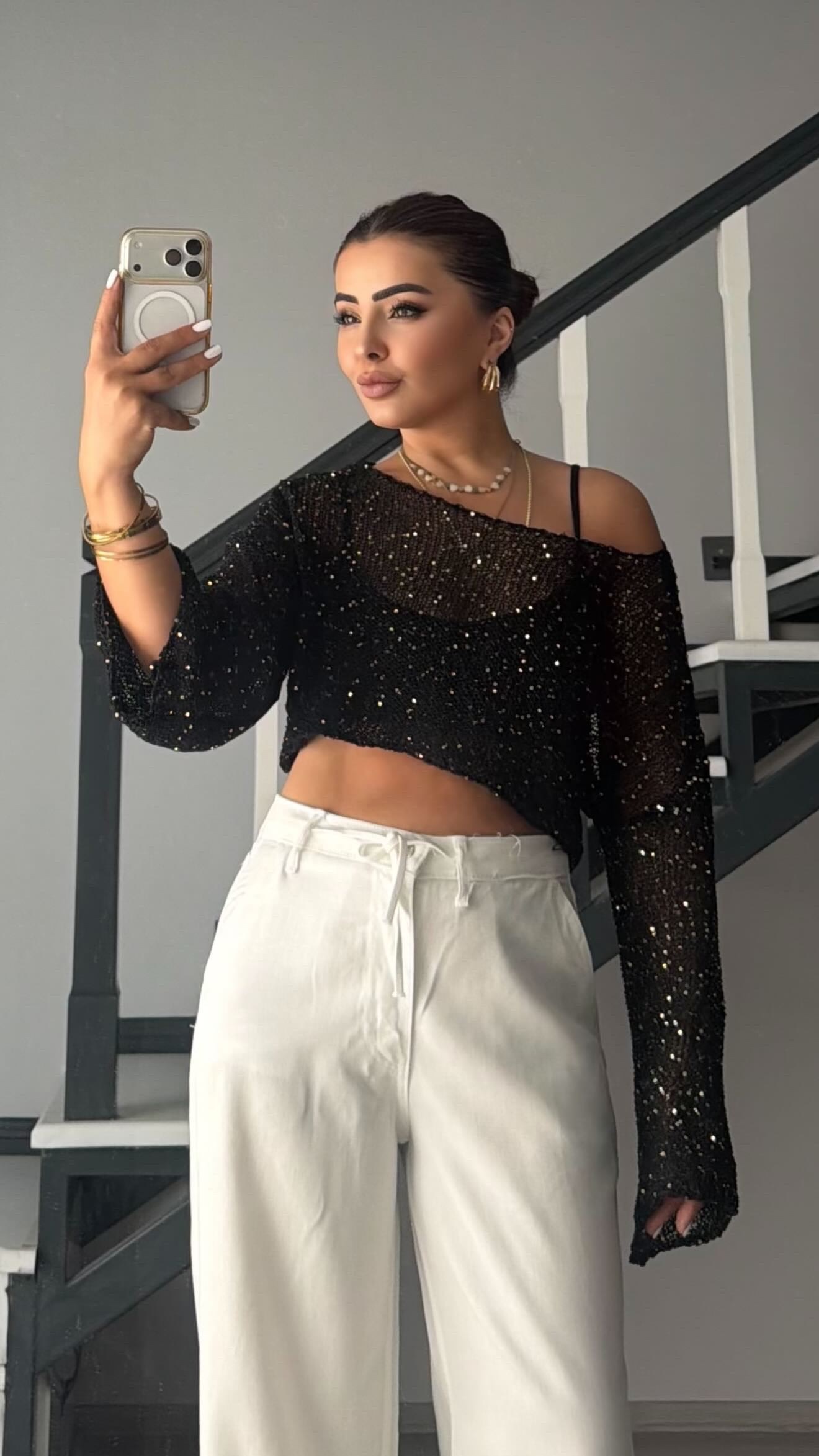 Black Sequin Oversized Knit Blouse