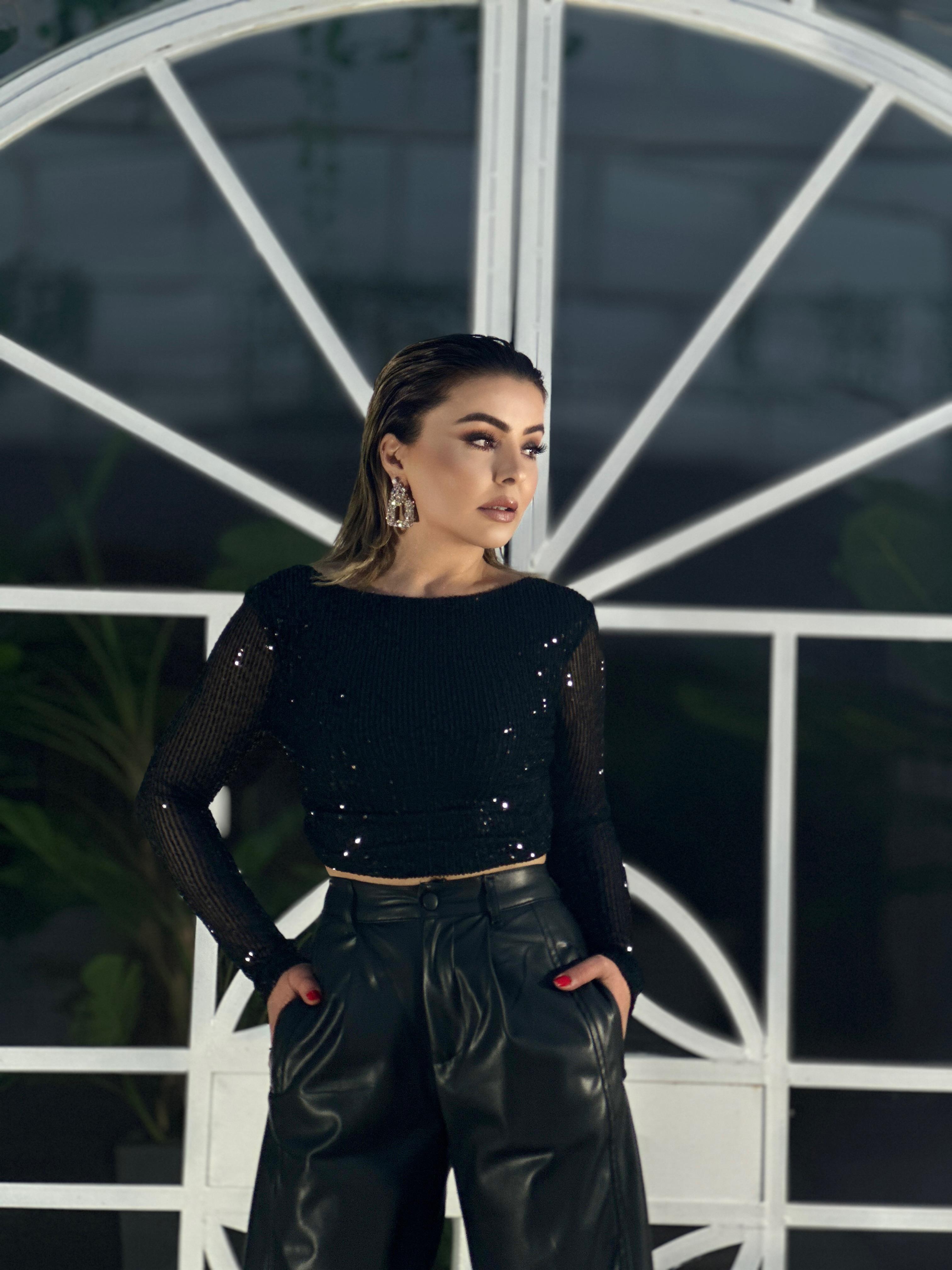 Black Backless Sequin Blouse