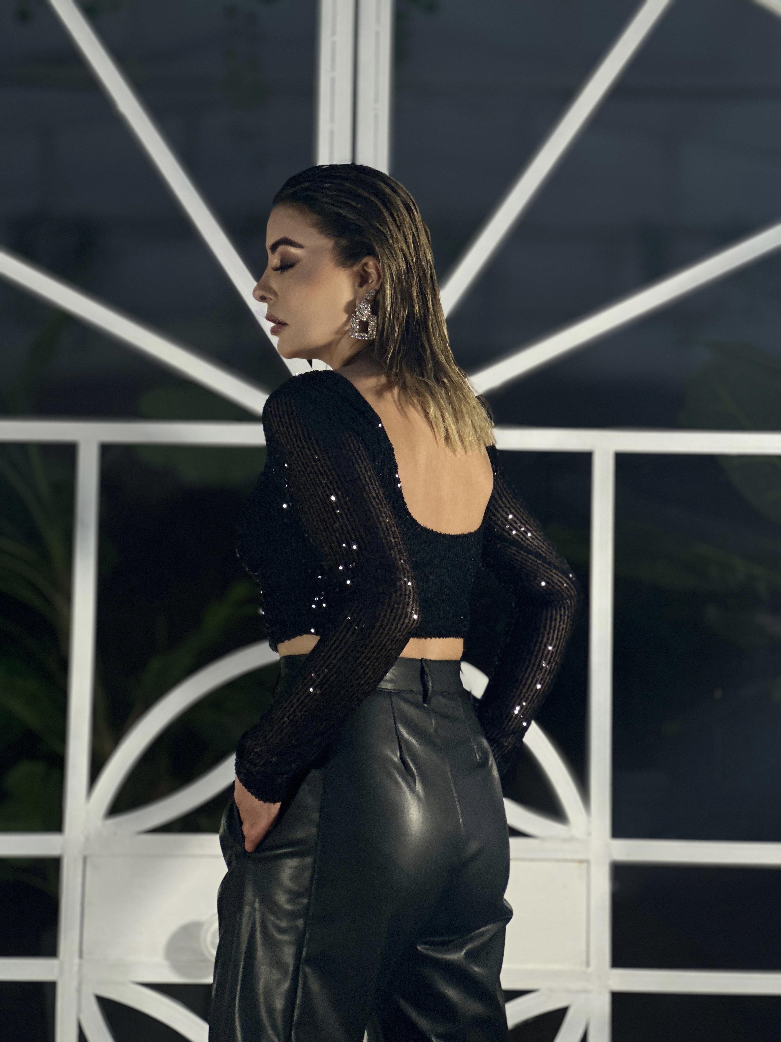 Black Backless Sequin Blouse