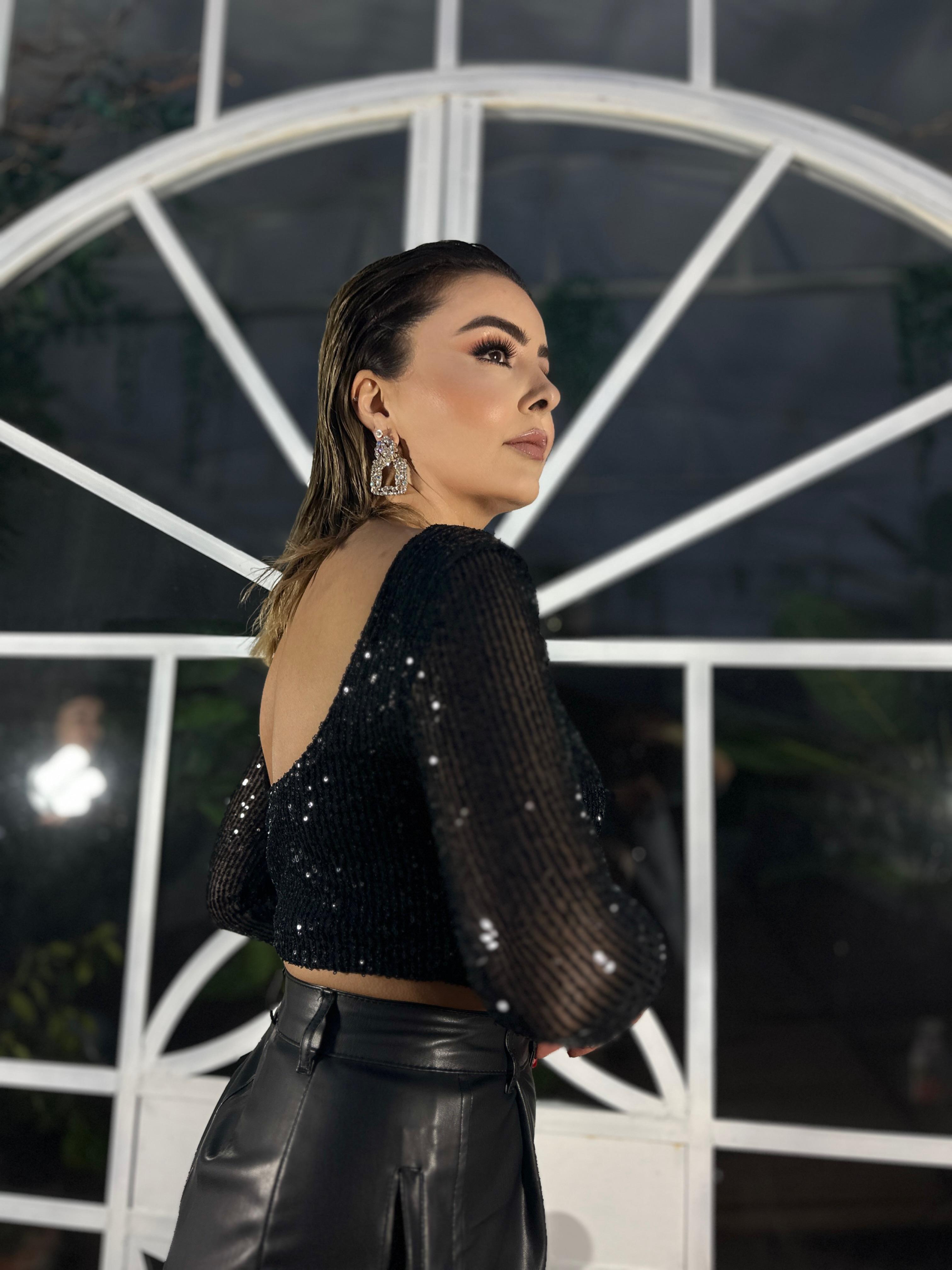 Black Backless Sequin Blouse