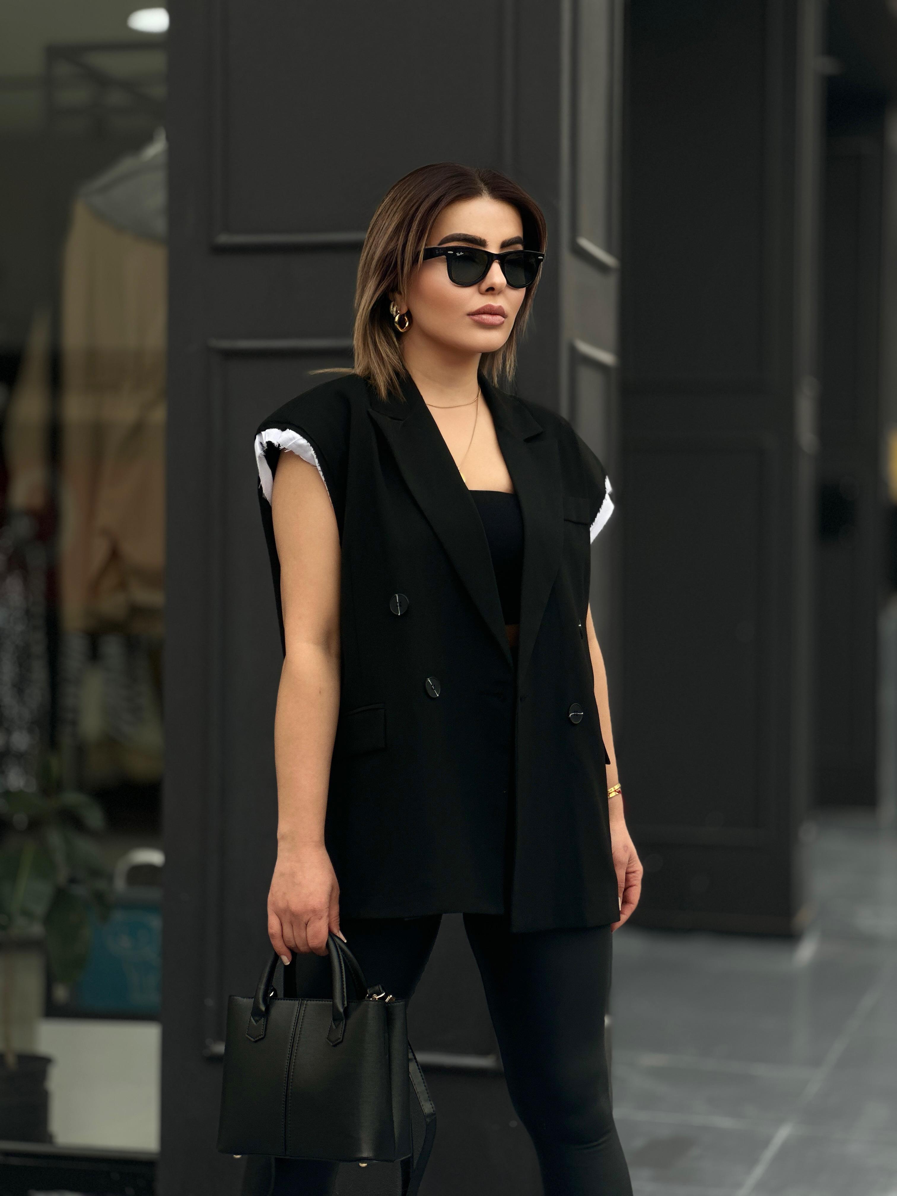 Black Designer Vest with Padded Back Detail