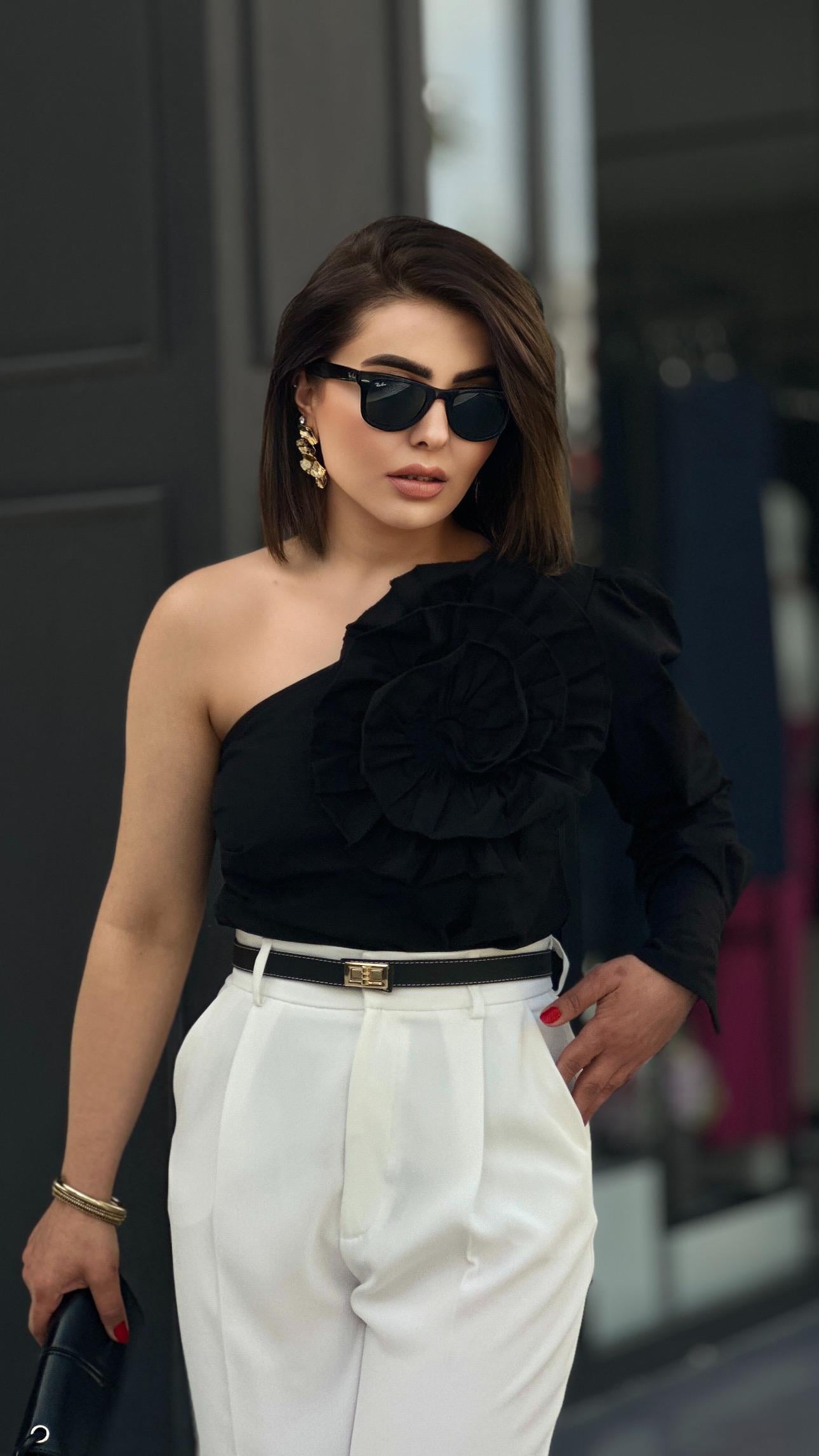Black One-Sleeve Blouse with Rose Embroidery