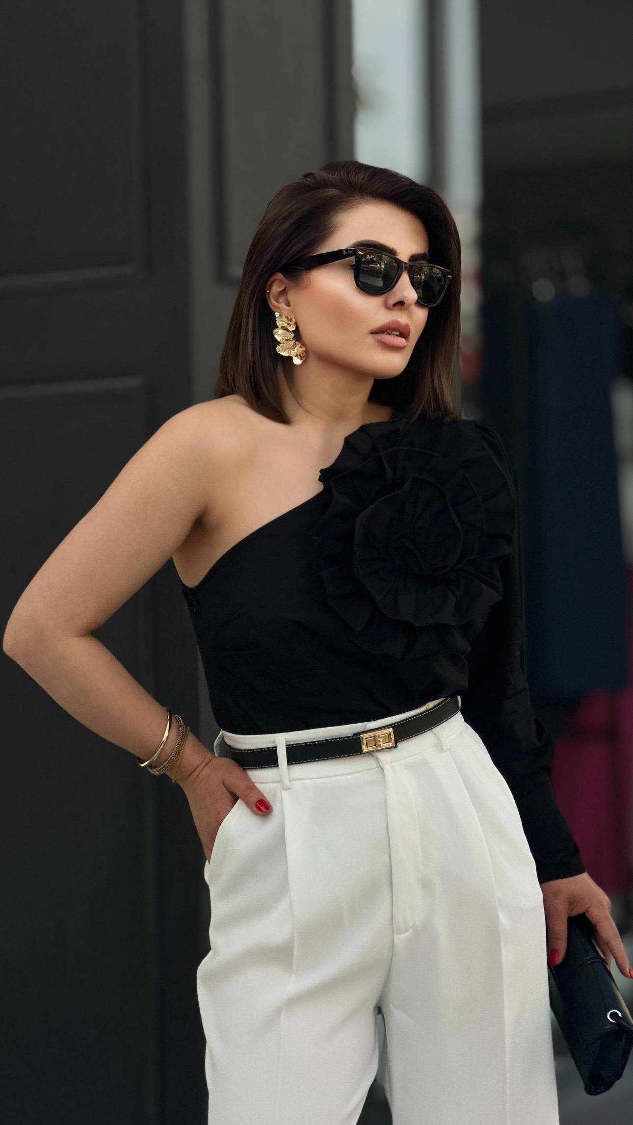 Black One-Sleeve Blouse with Rose Embroidery