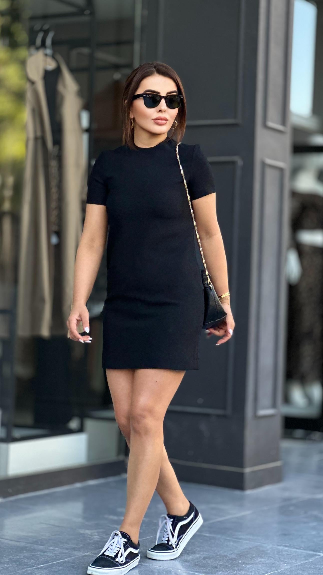Black Textured Short Sleeve Mini Dress