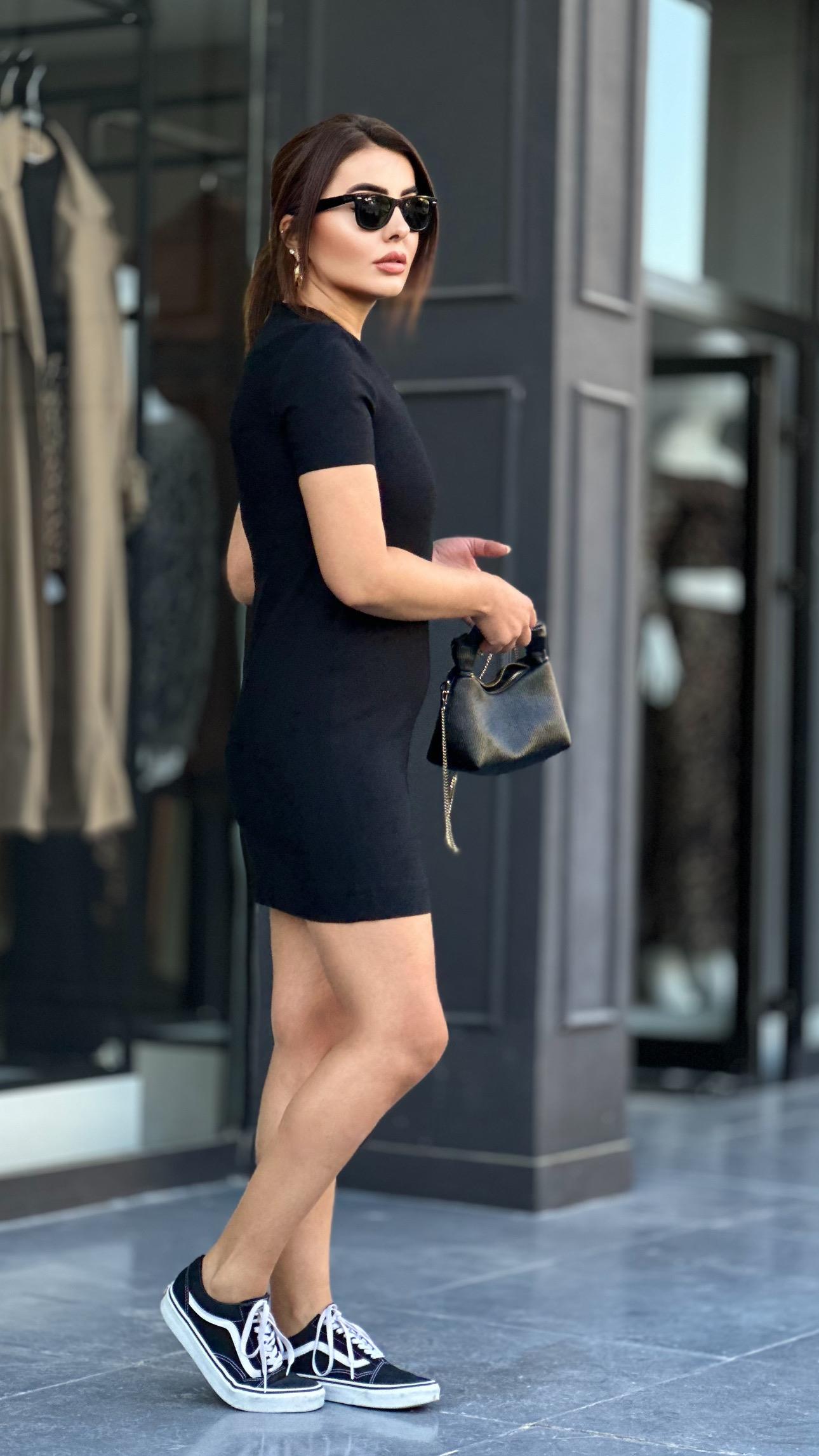 Black Textured Short Sleeve Mini Dress