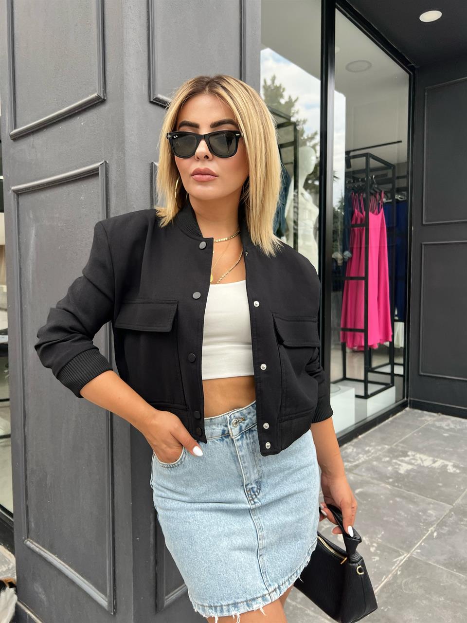 Siyah Torba Cepli Bomber Ceket 