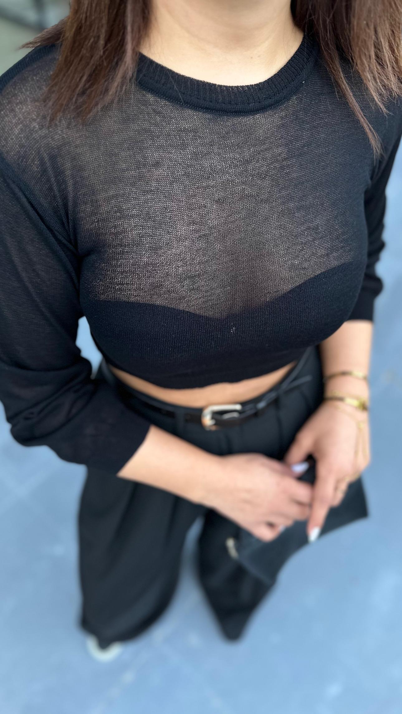 Siyah Transparan Merserize Crop Bluz 