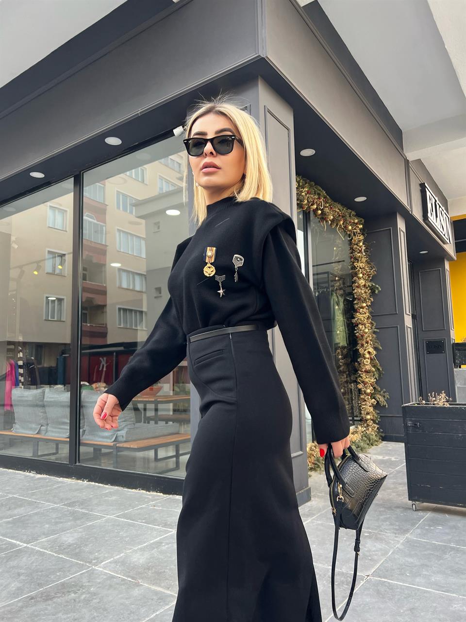 Black Sweater with Padded Shoulder Pads and Emblem Detail