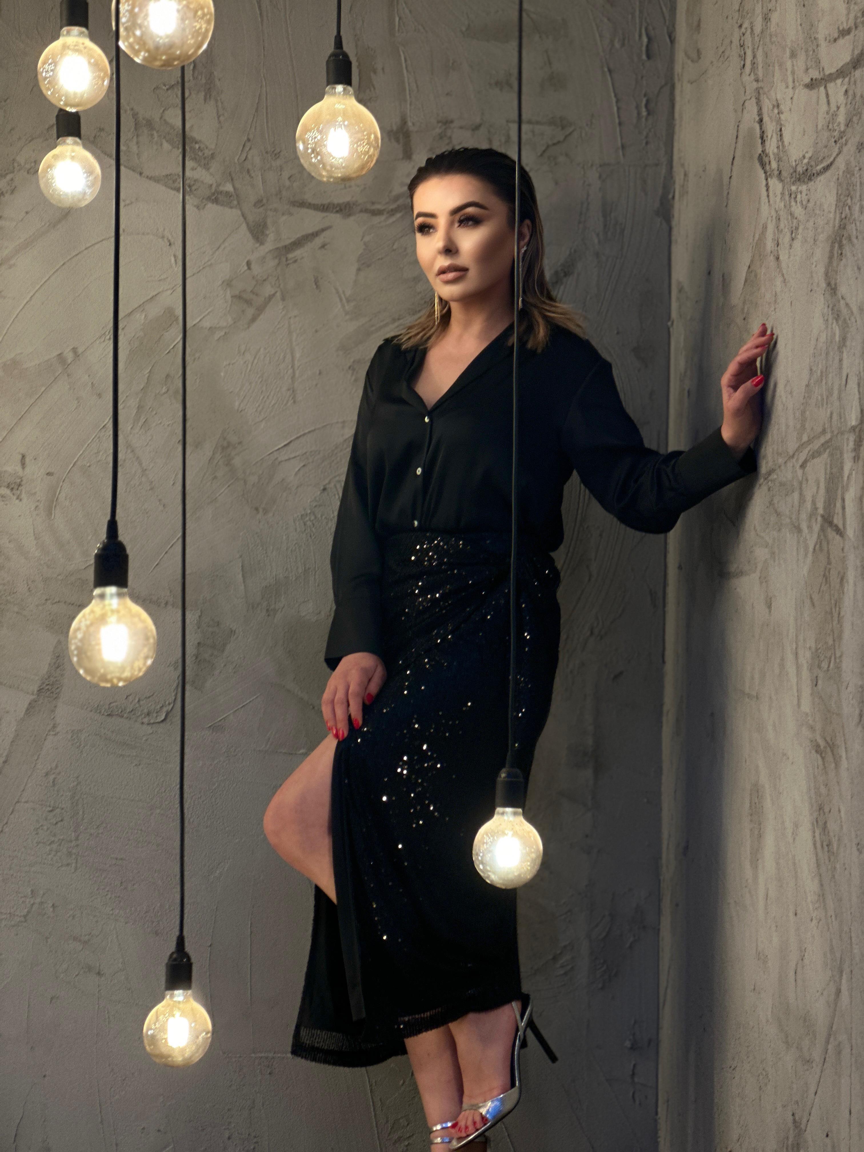 Black Side Tie Detail Sequin Long Skirt